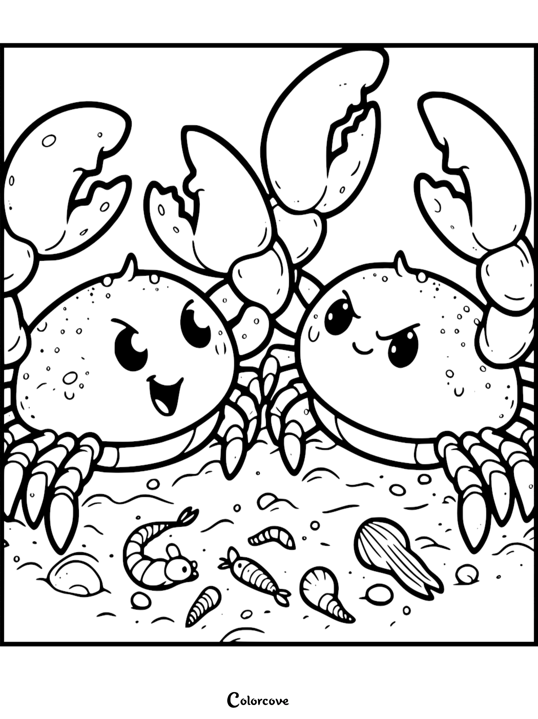 Cute crab coloring page with two cartoon crabs on a sandy seabed with seashells and marine creatures.