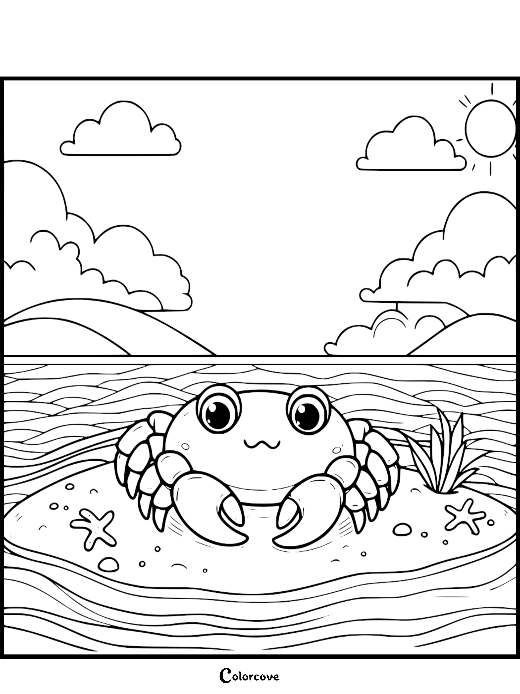 Cute crab coloring page with a beach scene, featuring waves, clouds, sun, and starfish. Perfect for kids' creative fun.