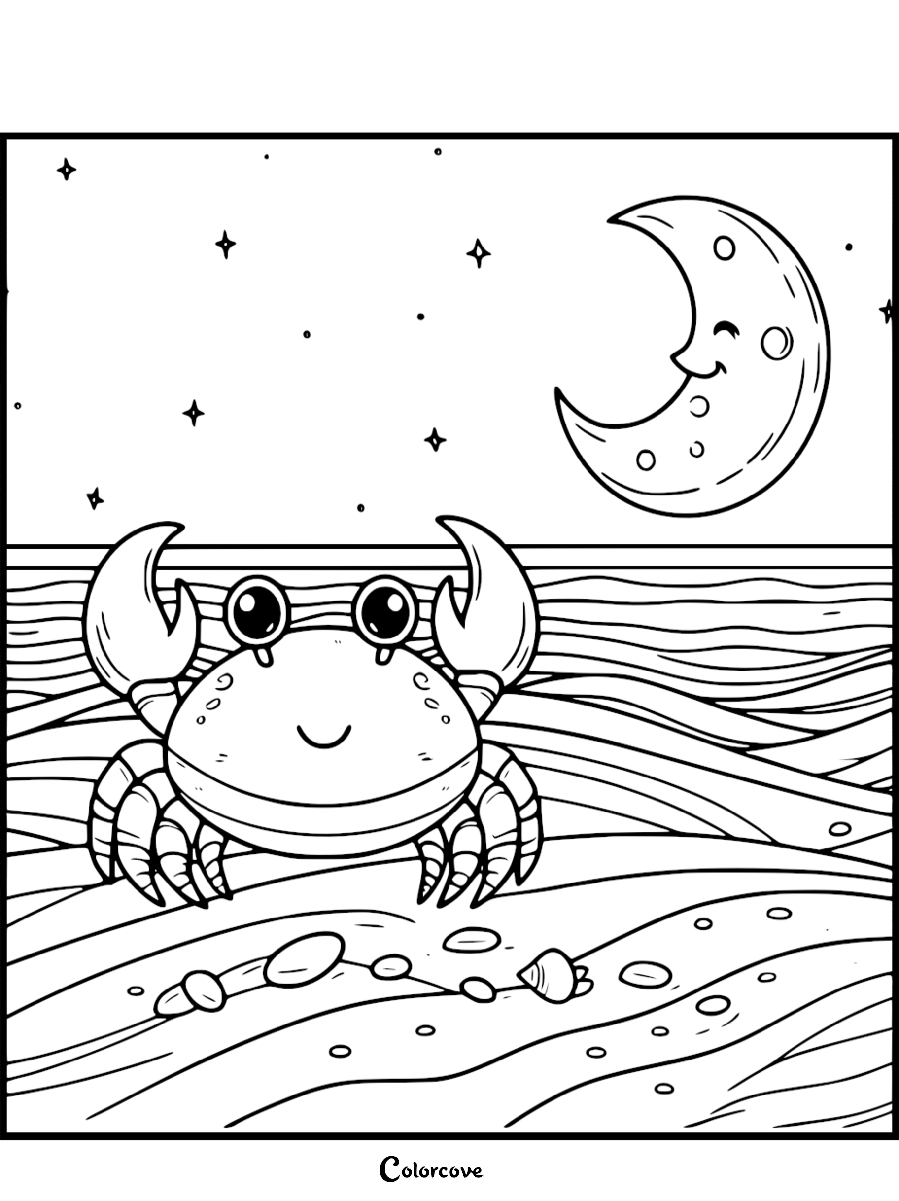 Happy crab coloring page with a smiling moon in the night sky, perfect for kids to color and enjoy. Download now!