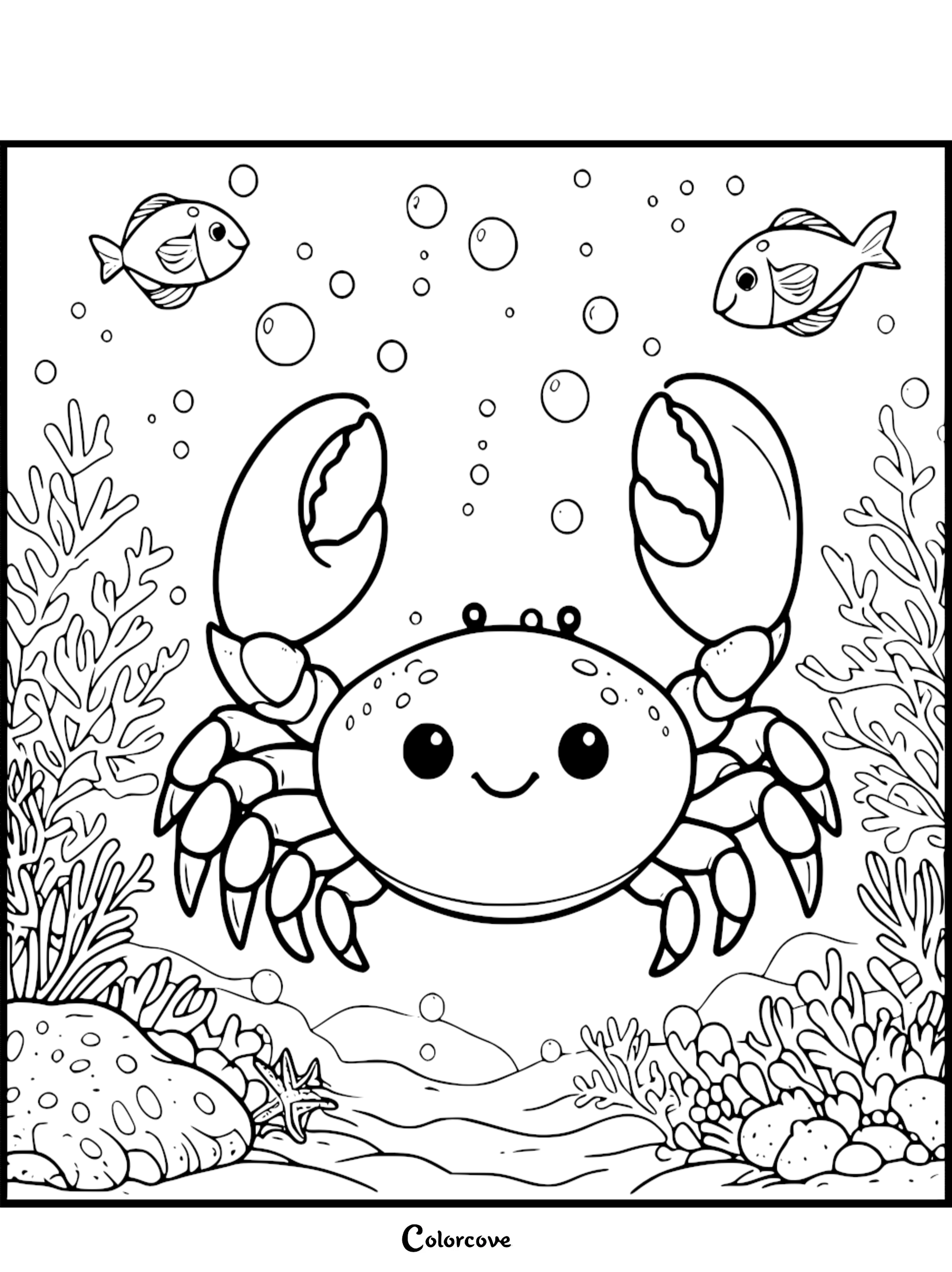 Cute crab and fish underwater scene coloring page with bubbles and coral reefs. Perfect for kids' marine-themed activities.
