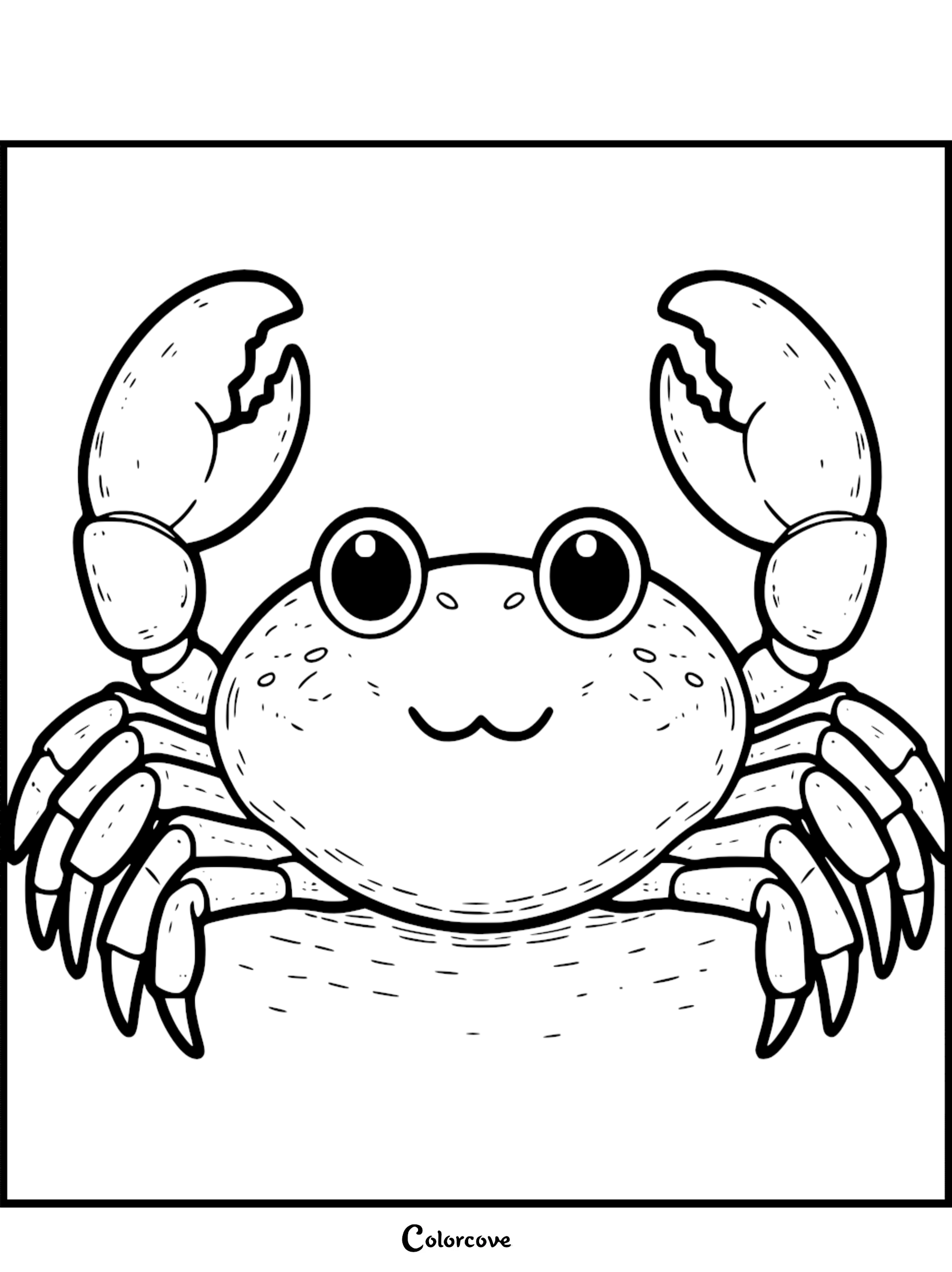 Smiling cartoon crab coloring page for kids from ColorCove.org, perfect for sea animal-themed art activities.