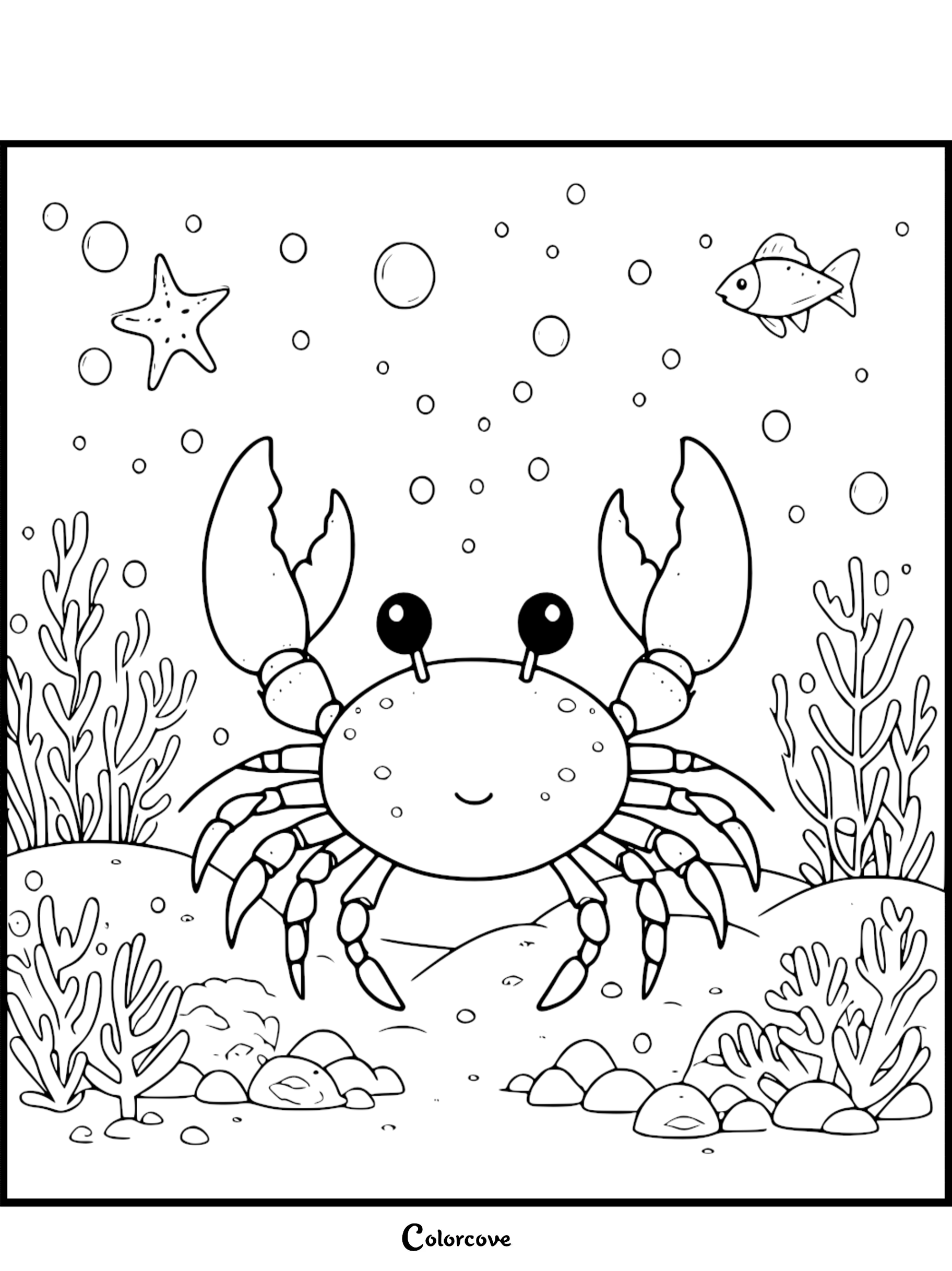 Cute crab coloring page with ocean background, fish, starfish, and sea plants. Printable kids' activity sheet from colorcove.org.