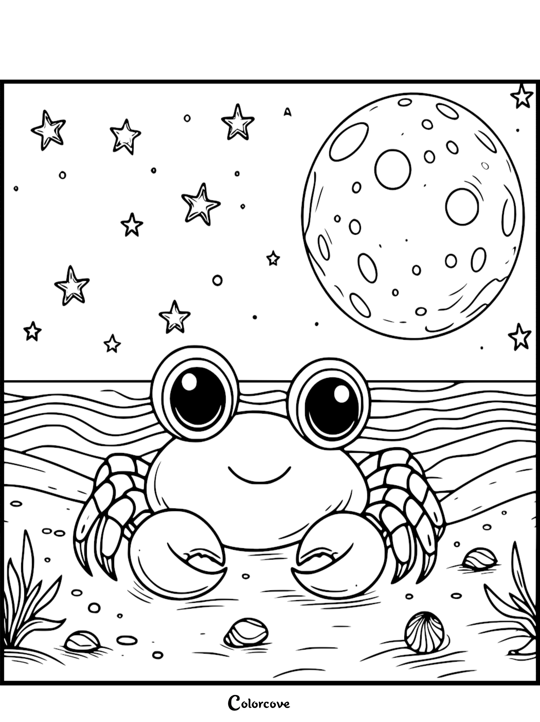 Cute crab coloring page with a seaside view, stars, and moon. Perfect for kids to color and enjoy ocean scenes.