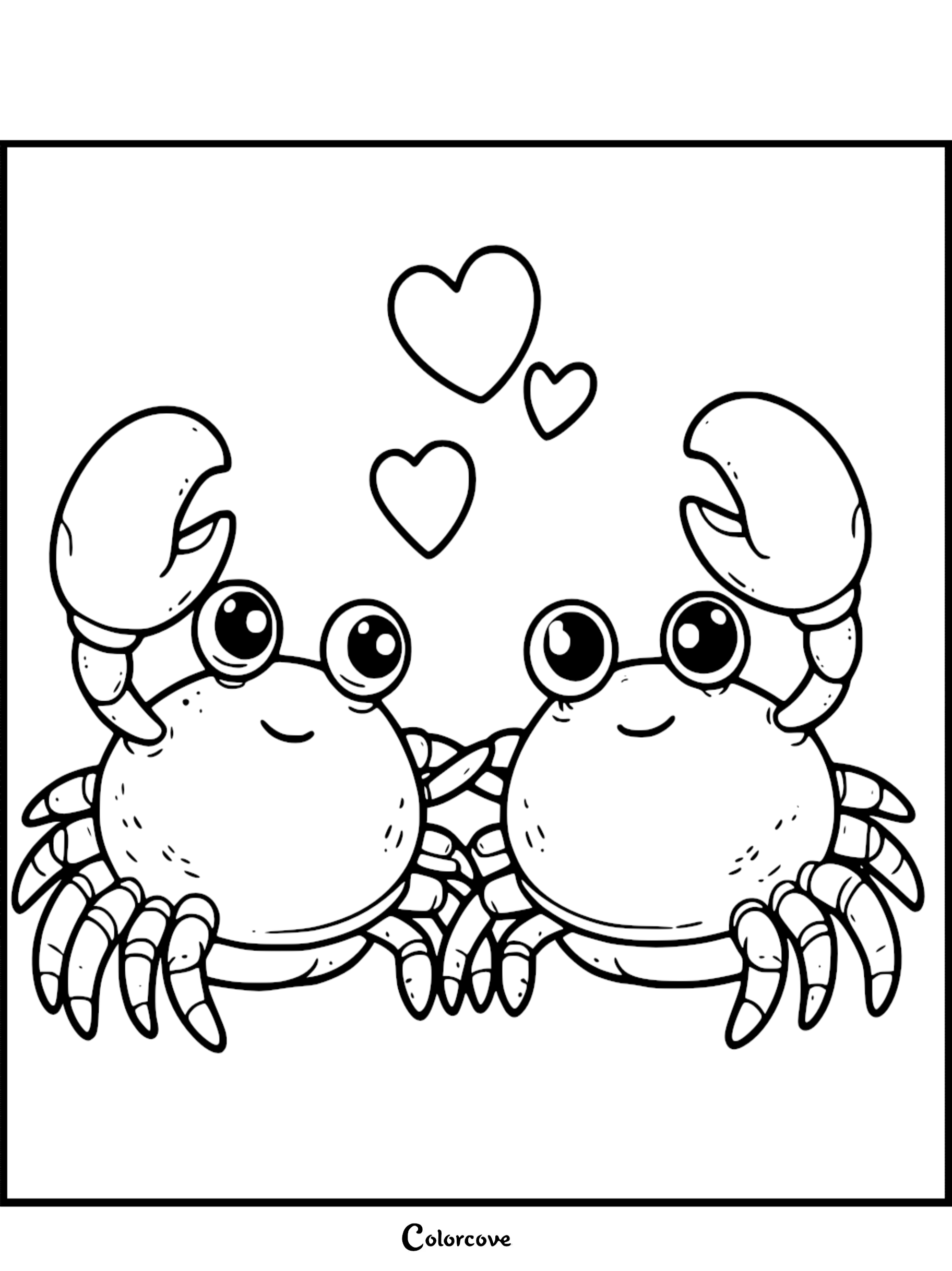 Coloring page of two adorable crabs with hearts above them, perfect for kids and marine life enthusiasts.