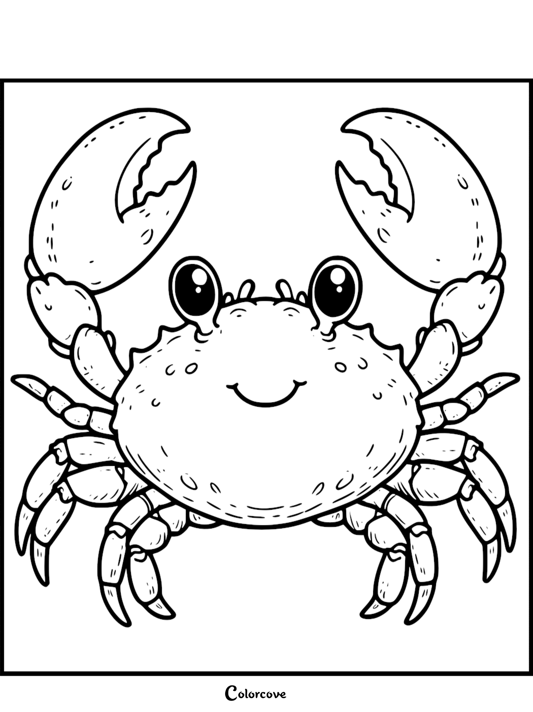 Cute crab coloring page for kids with large claws and a smiling face from ColorCove.org for children's activities.