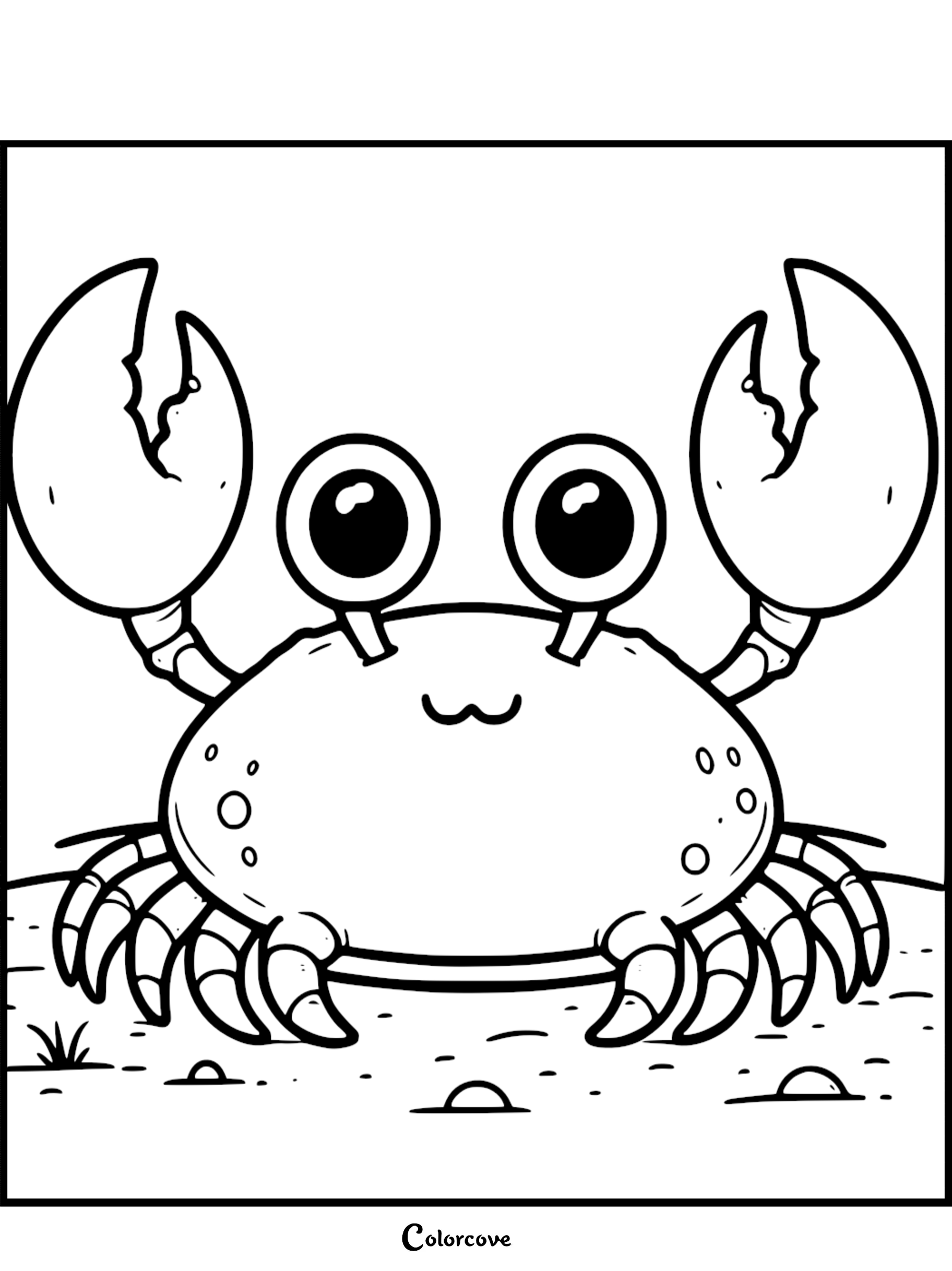 Cute crab coloring page for kids, featuring a smiling crab with big eyes and claws. Download and print.