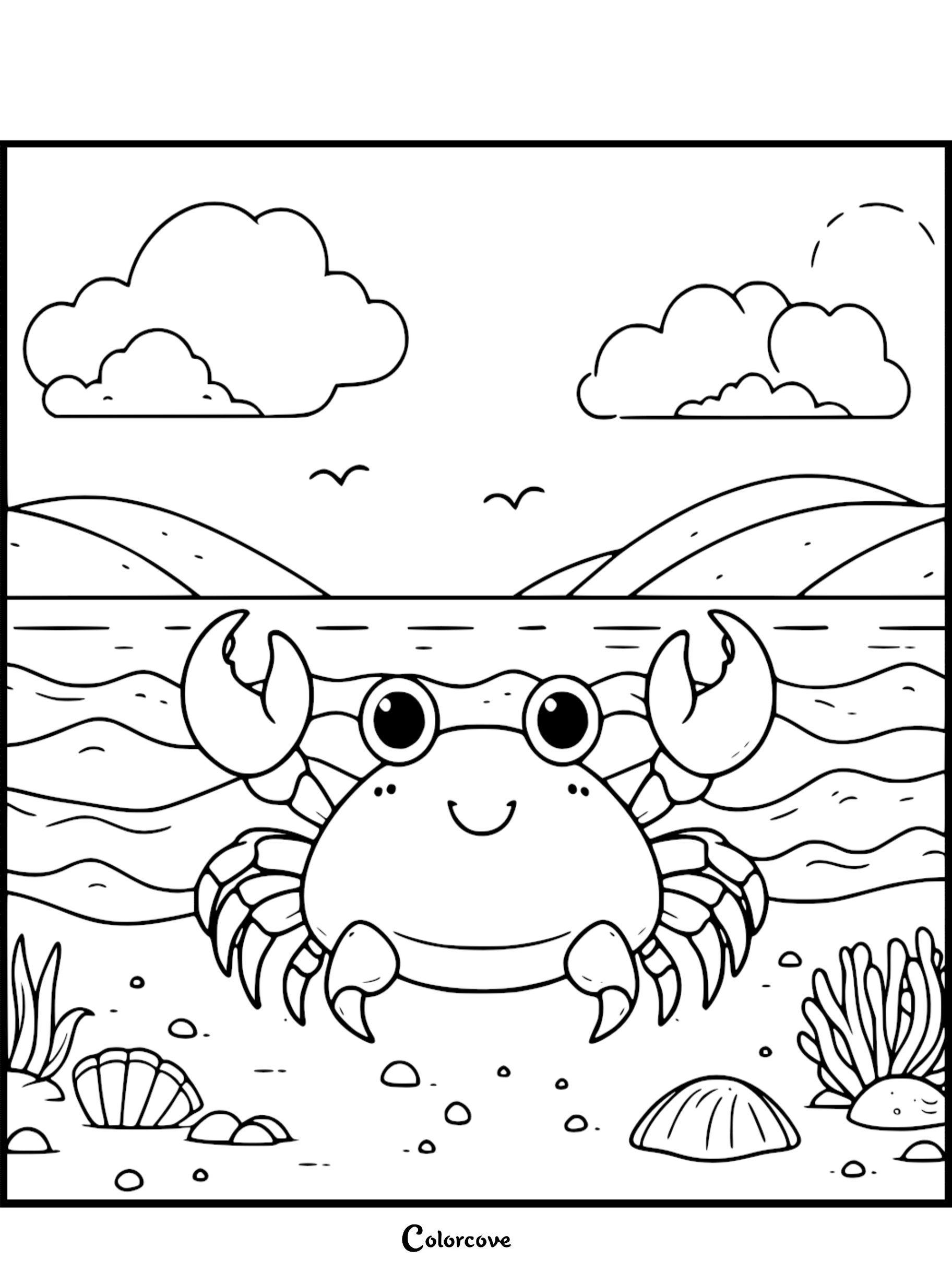 Smiling crab coloring page by the sea with waves, shells, and sea plants in the background for kids to color.