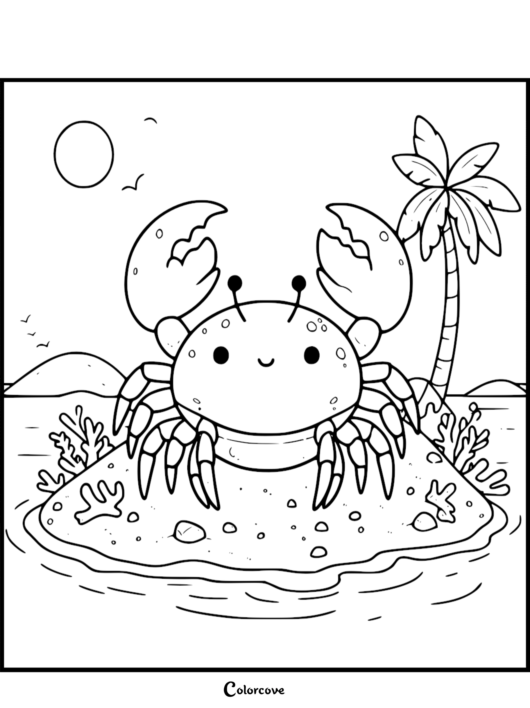 Cute crab on a tropical island coloring page, perfect for kids to enjoy sea life and beach scenes. Download at colorcove.org.