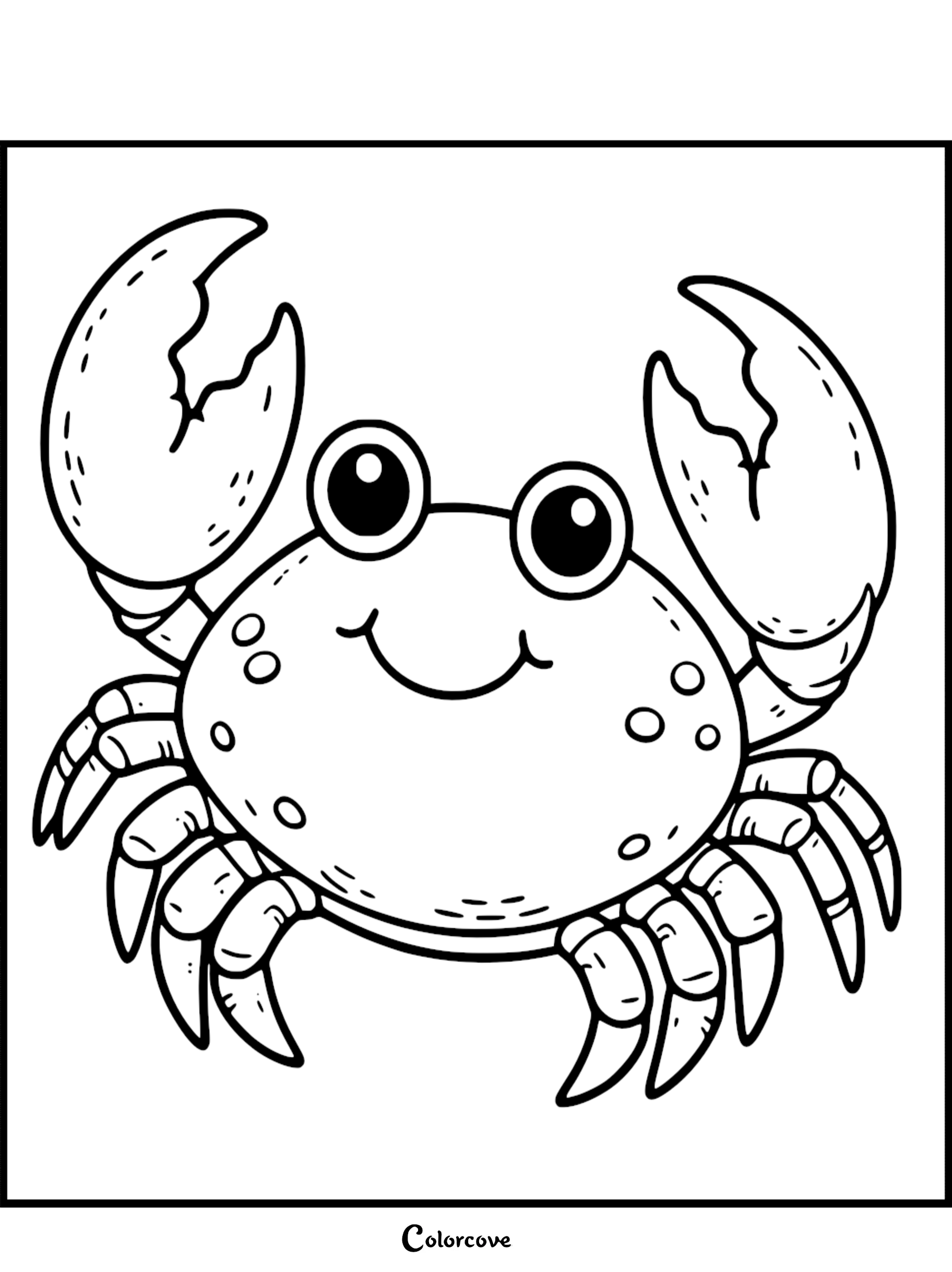 Cartoon crab coloring page with smiling face and large claws, perfect for kids' ocean-themed activities and creativity.