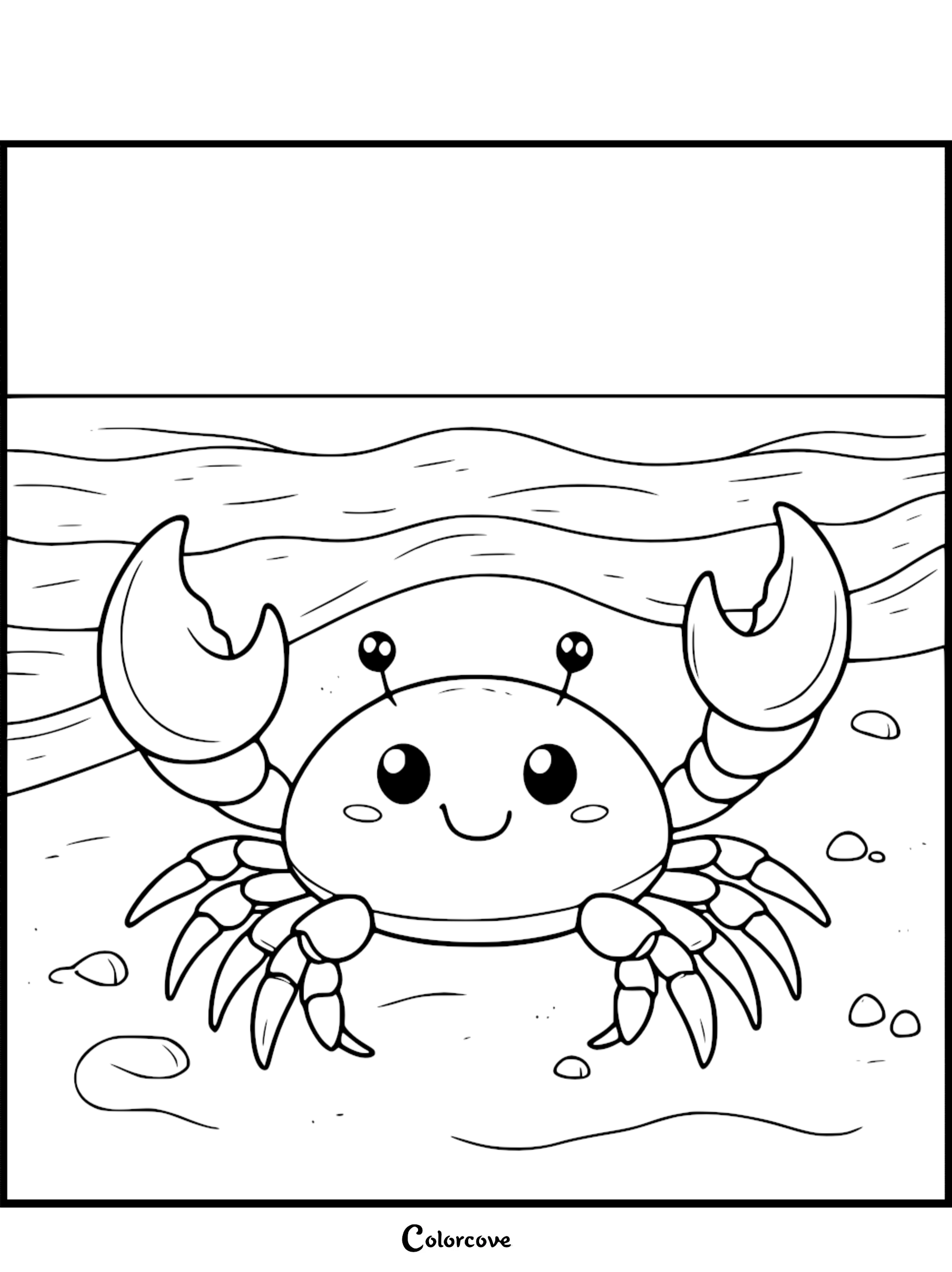 Cute crab coloring page for kids featuring a smiling crab on the beach. Fun and educational ocean-themed activity.