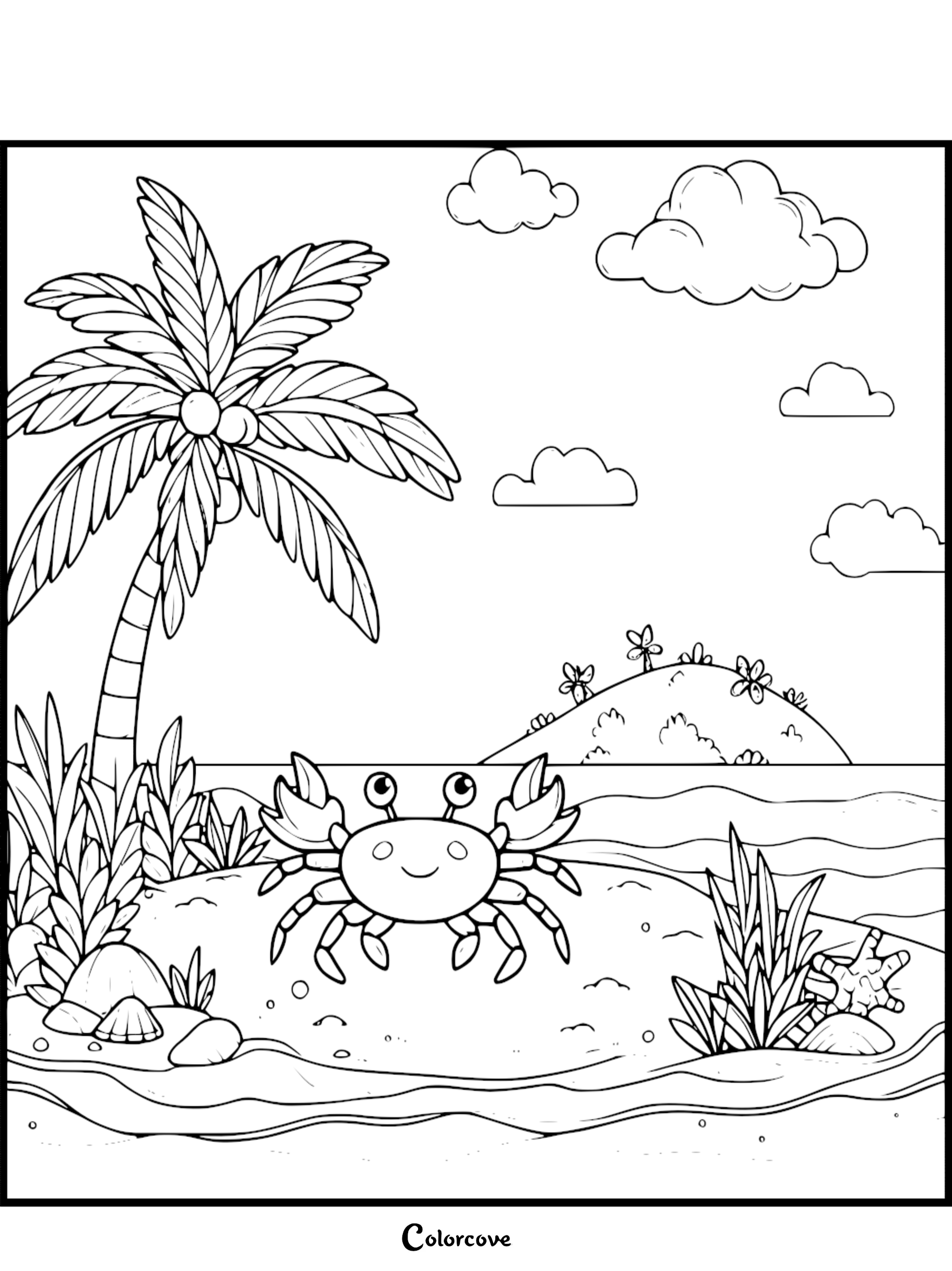 Cute Island Beach coloring page featuring a smiling crab, palm tree, seashells, clouds, and distant flowers. Perfect for kids!