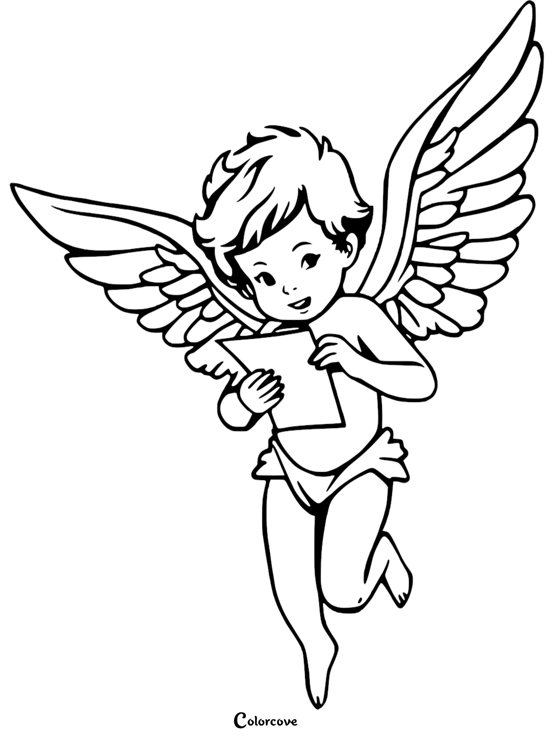 Flying angel coloring page with wings and a paper, perfect for kids' creative activities and coloring fun.