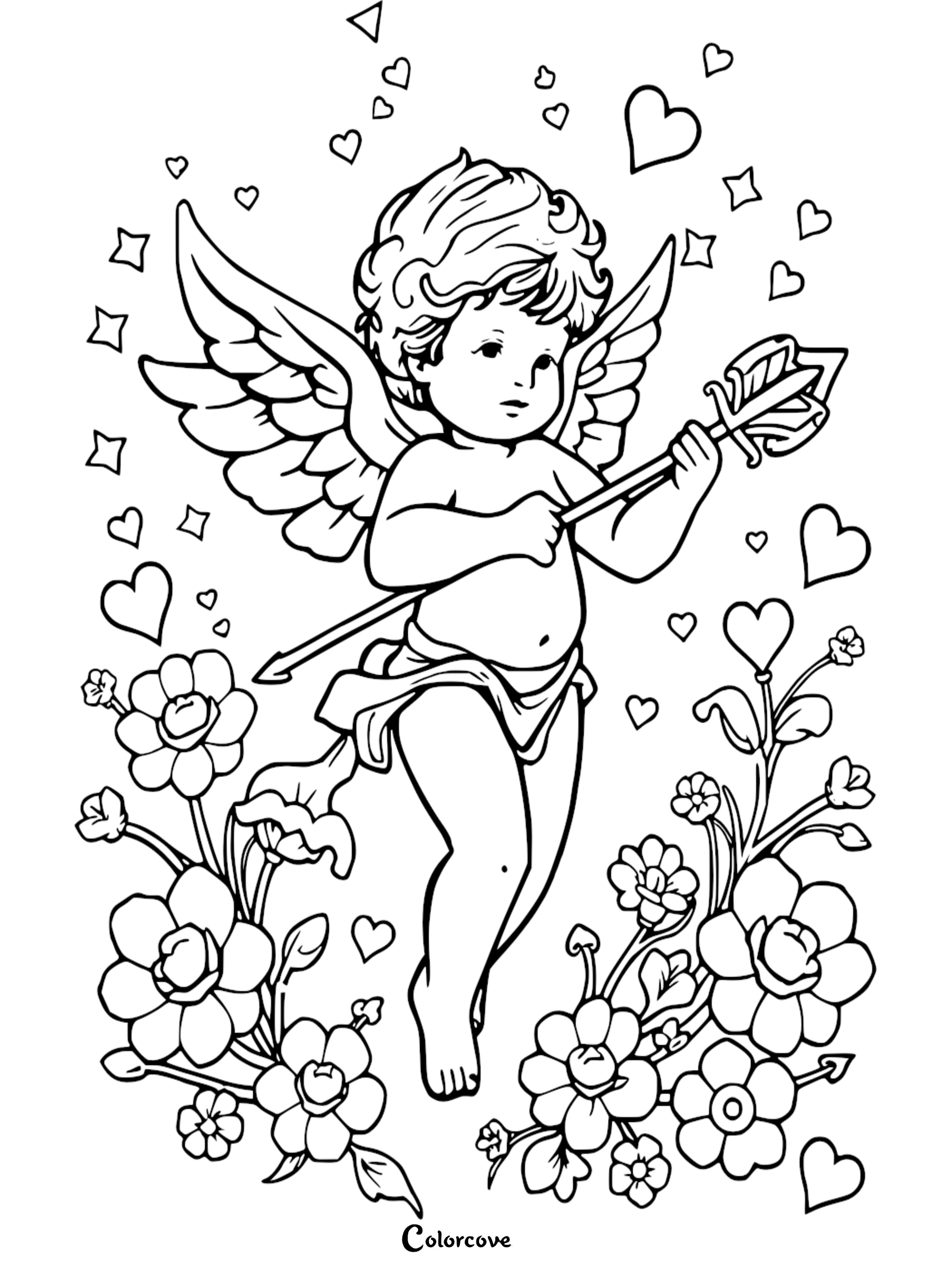 Cherub coloring page with flowers and hearts, perfect for Valentine's Day creativity and relaxation.