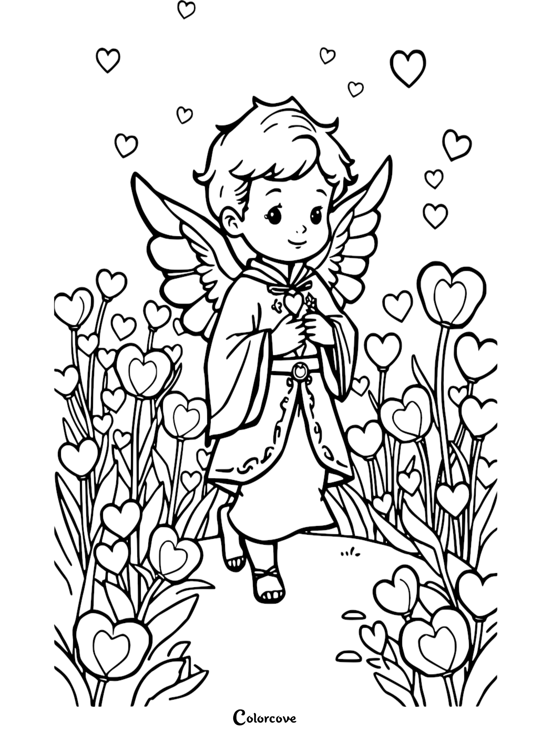 Cute cherub in a heart garden coloring page, perfect for kids' creative fun and Valentine's Day activities.