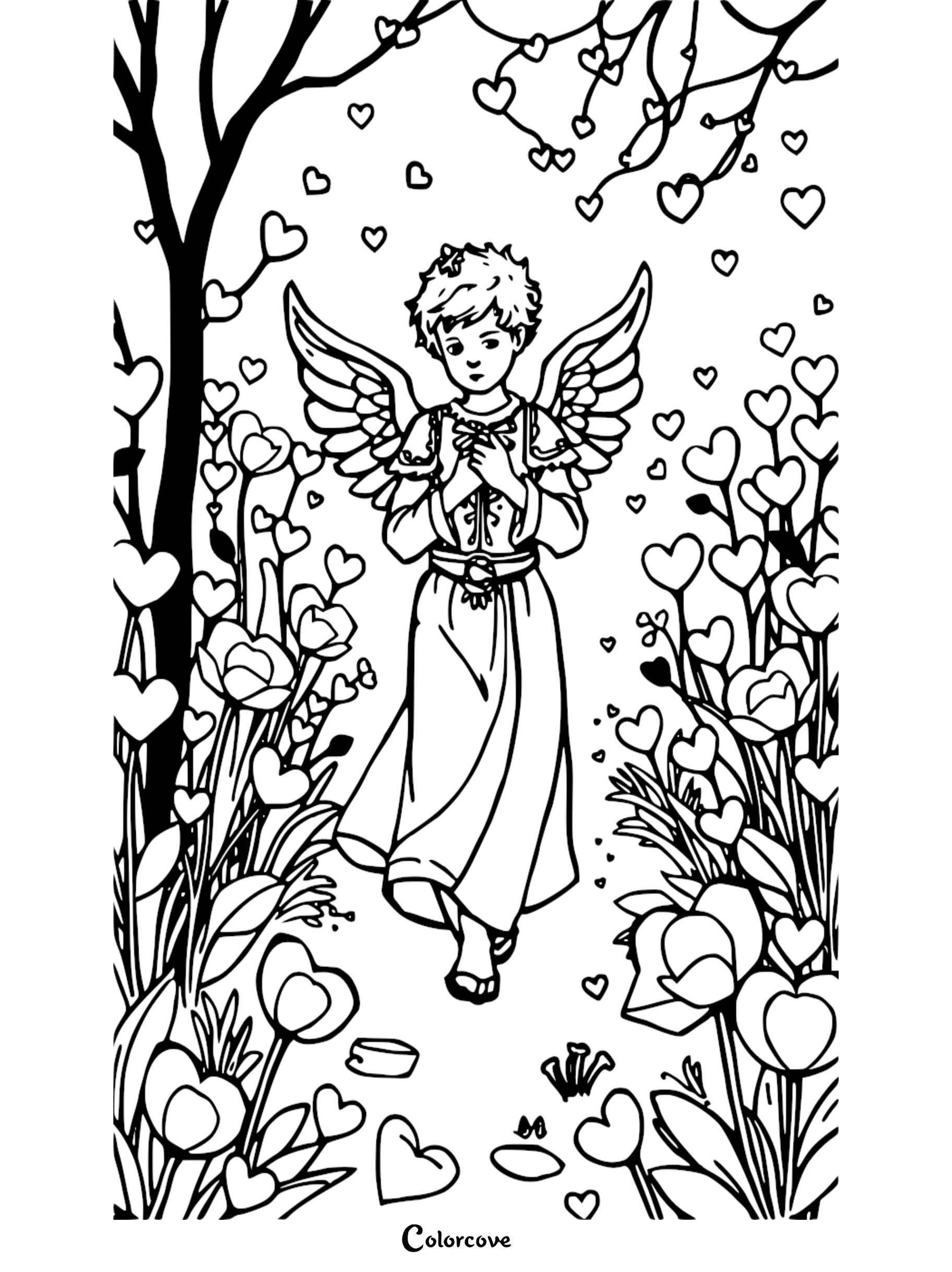 Angel in a floral heart garden coloring page, featuring wings and flowing dress. Perfect for creative relaxation.