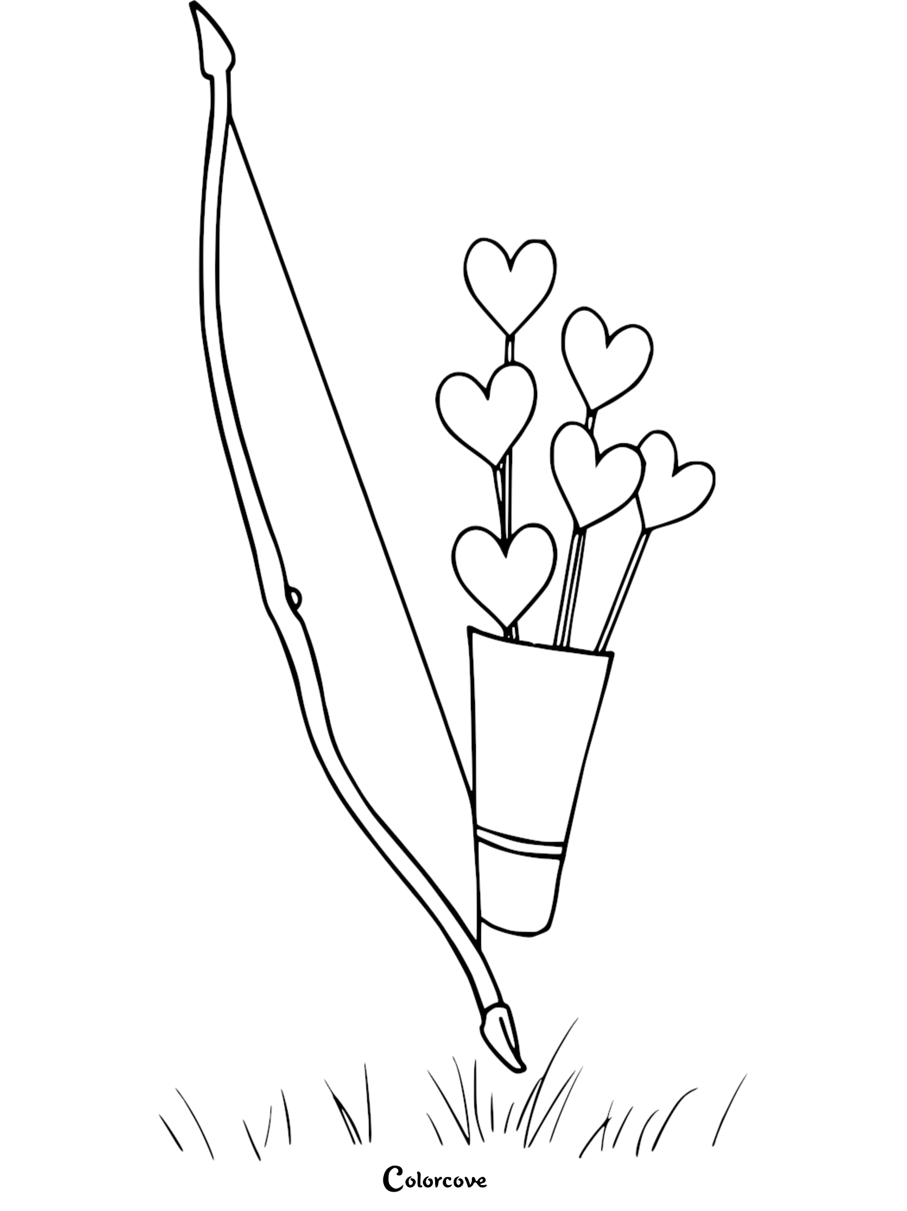 Bow and heart-shaped arrows coloring page for kids. Fun Valentine's Day activity to print and color.