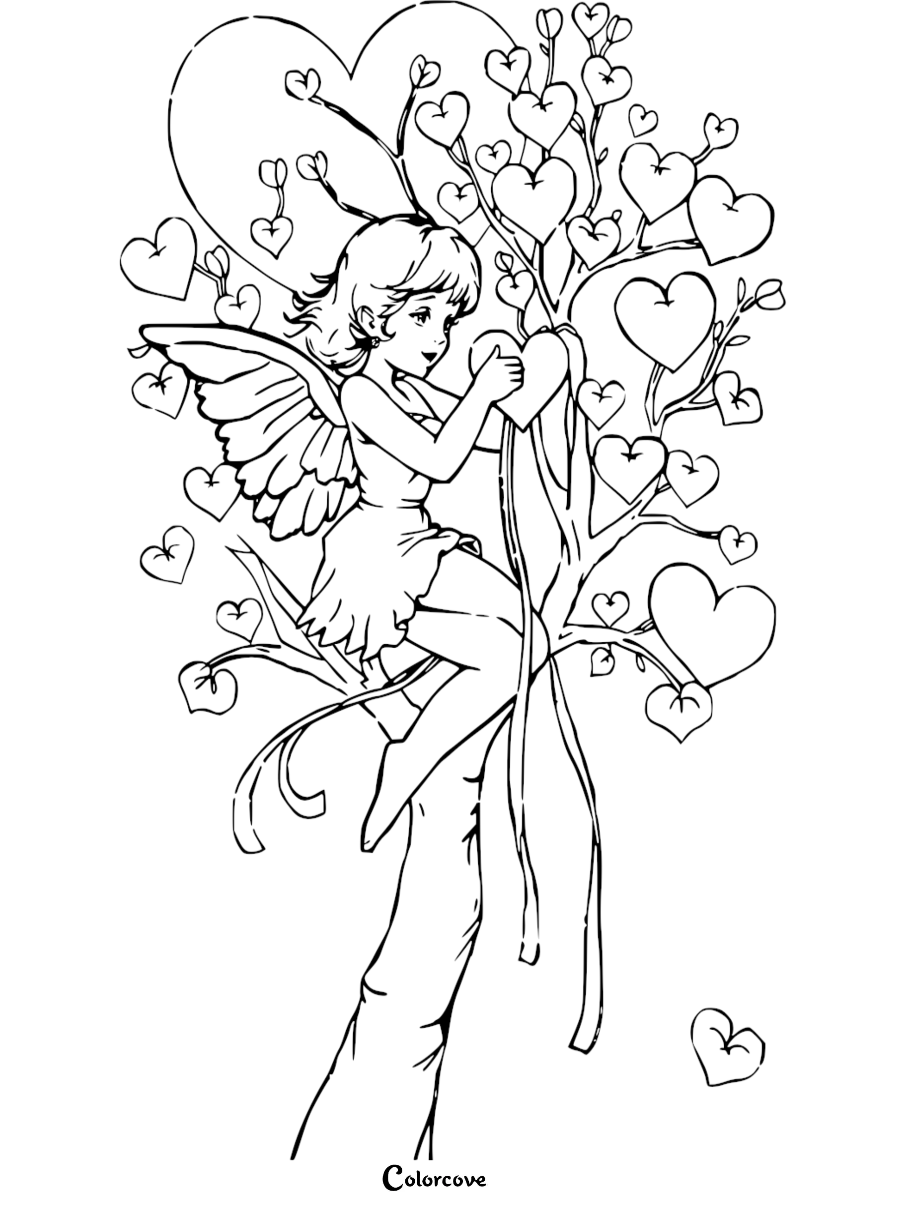 Fairy sitting on heart-shaped tree branches, coloring page for kids, whimsical fantasy design - colorcove.org
