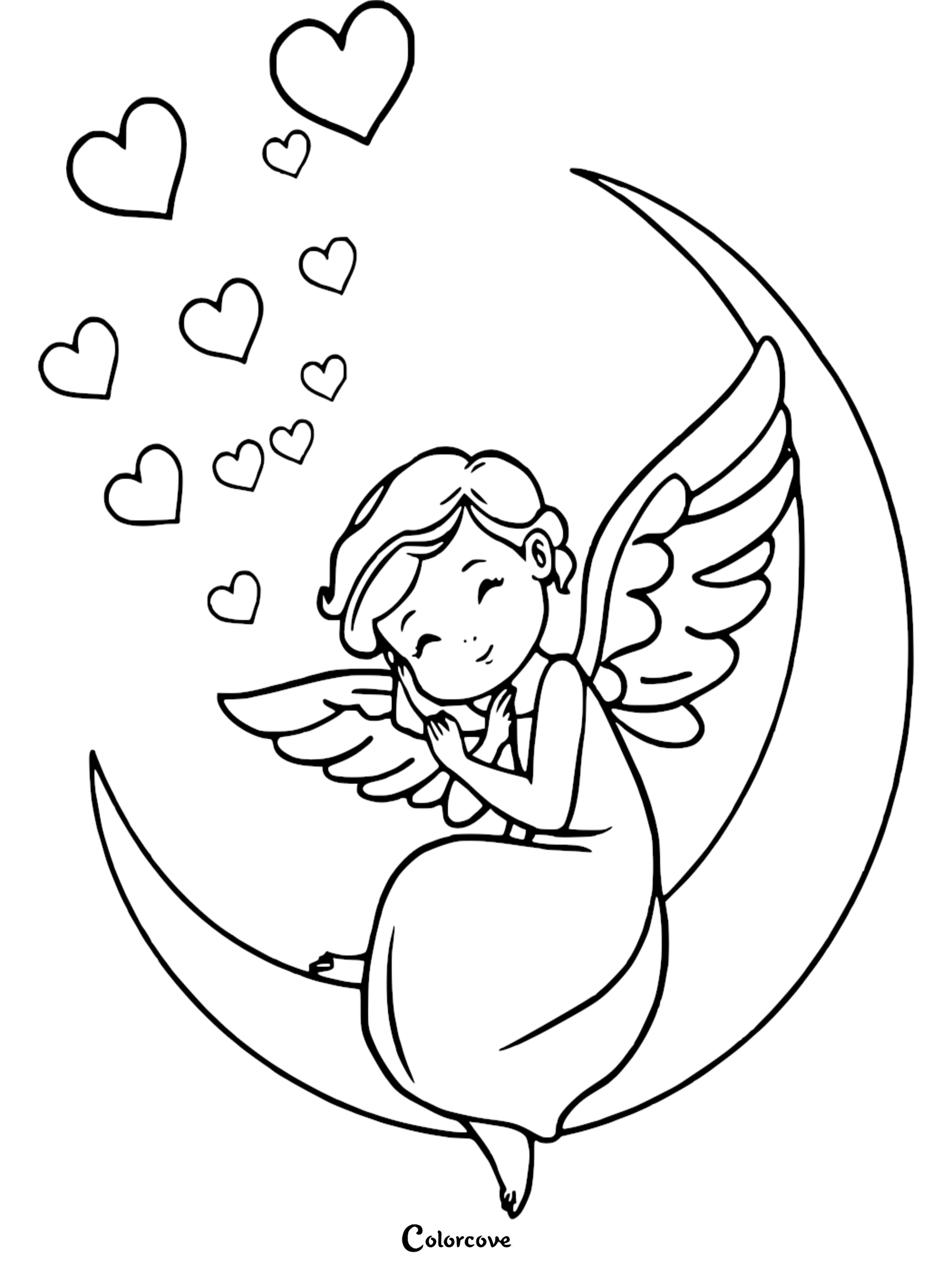 Angel sitting on crescent moon with hearts, coloring page for kids.