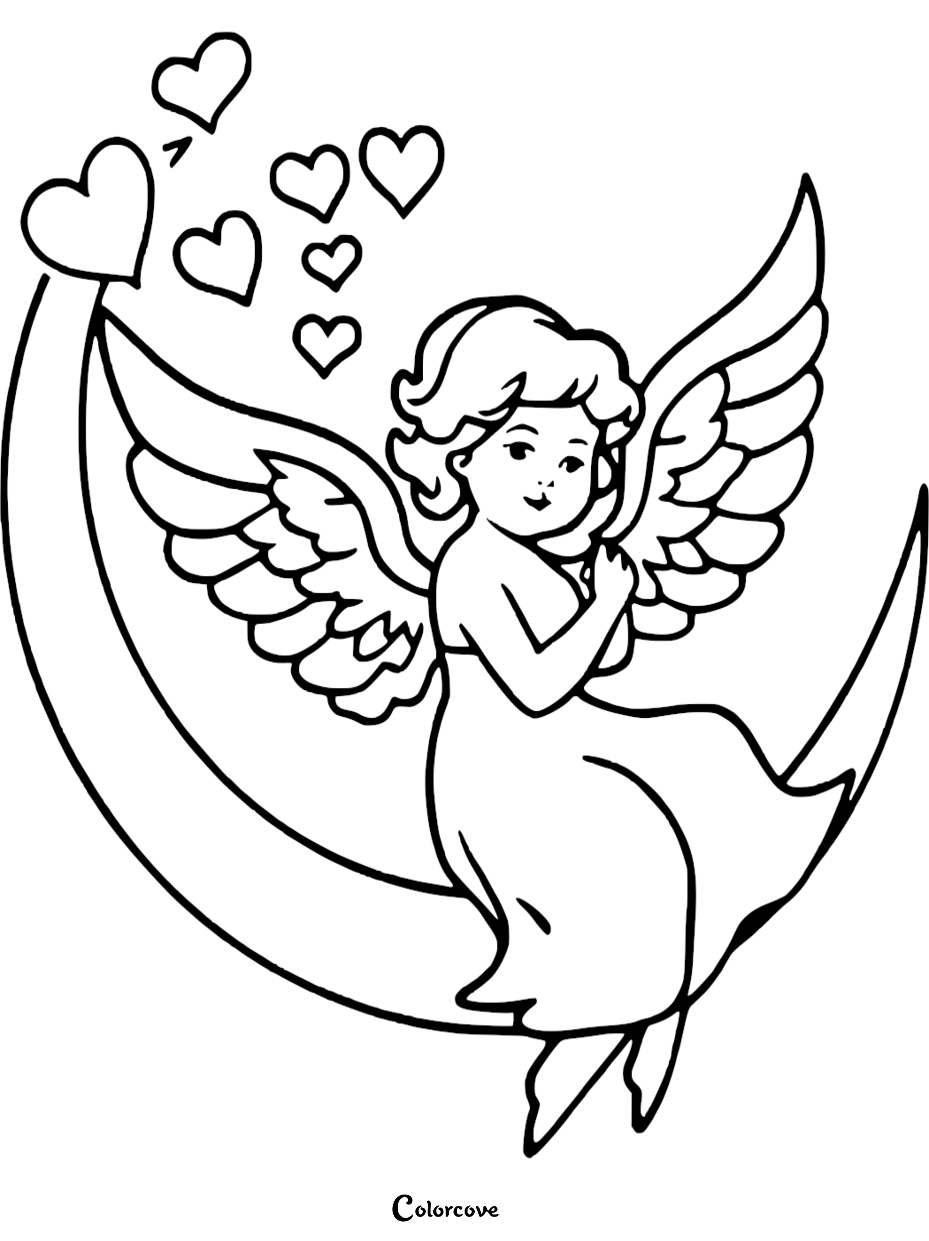 Angel on a crescent moon with hearts coloring page for kids.