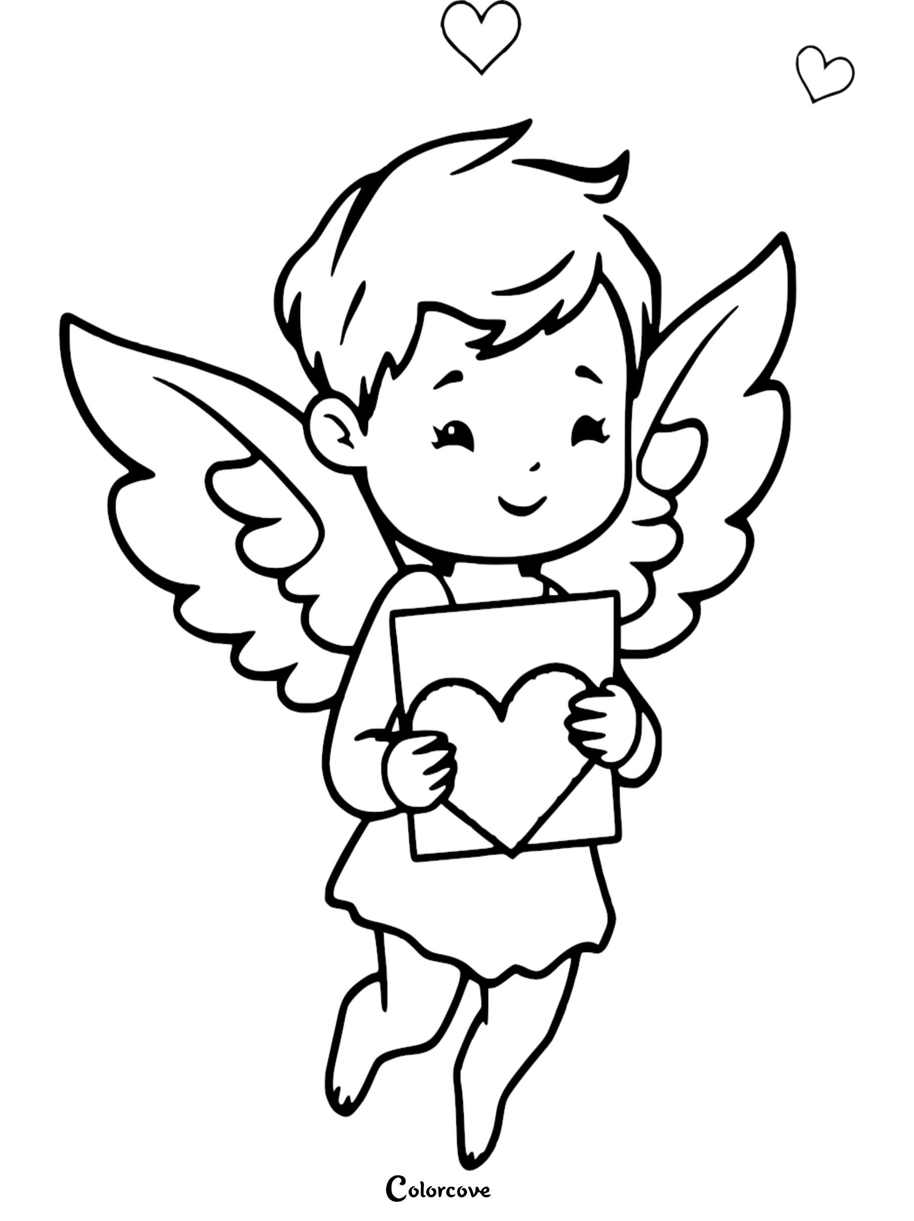 Cute angel holding heart card coloring page for kids.