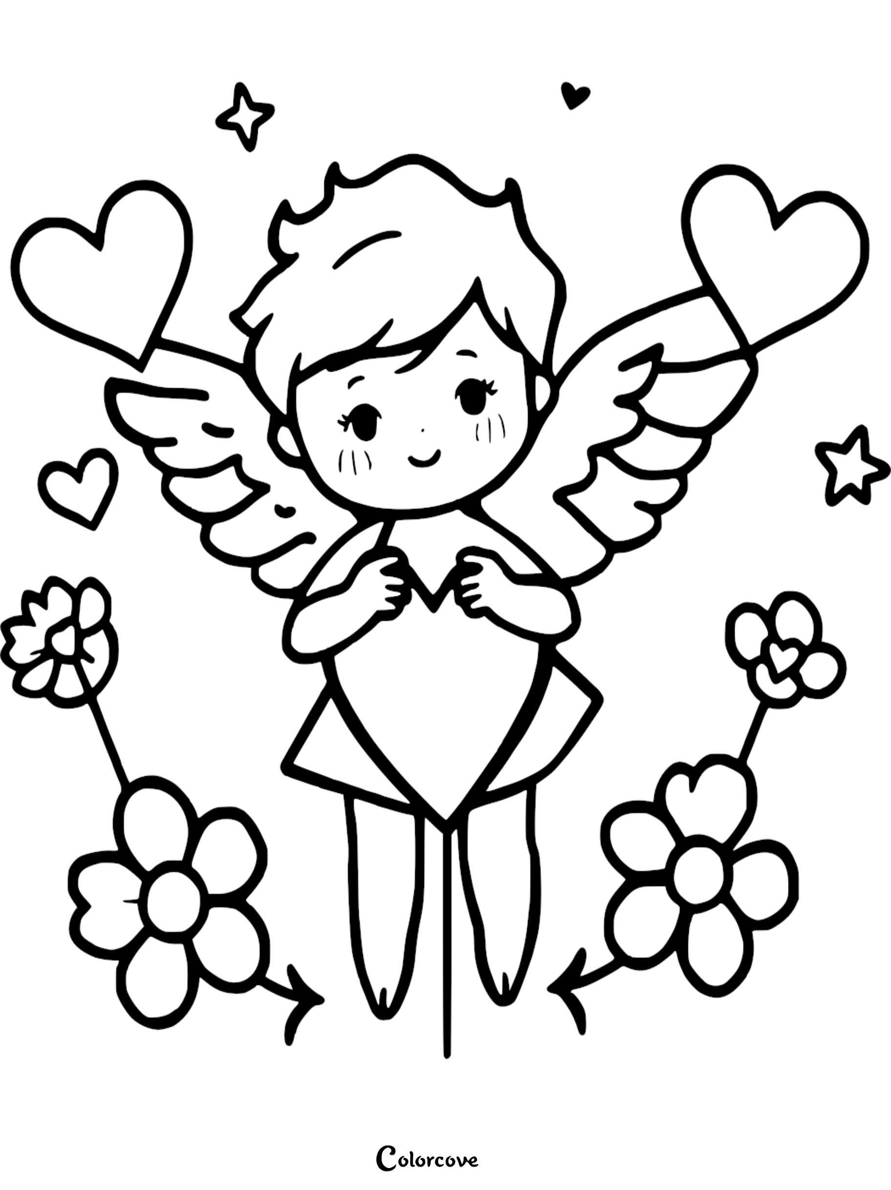 Cute angel with hearts and flowers coloring page.