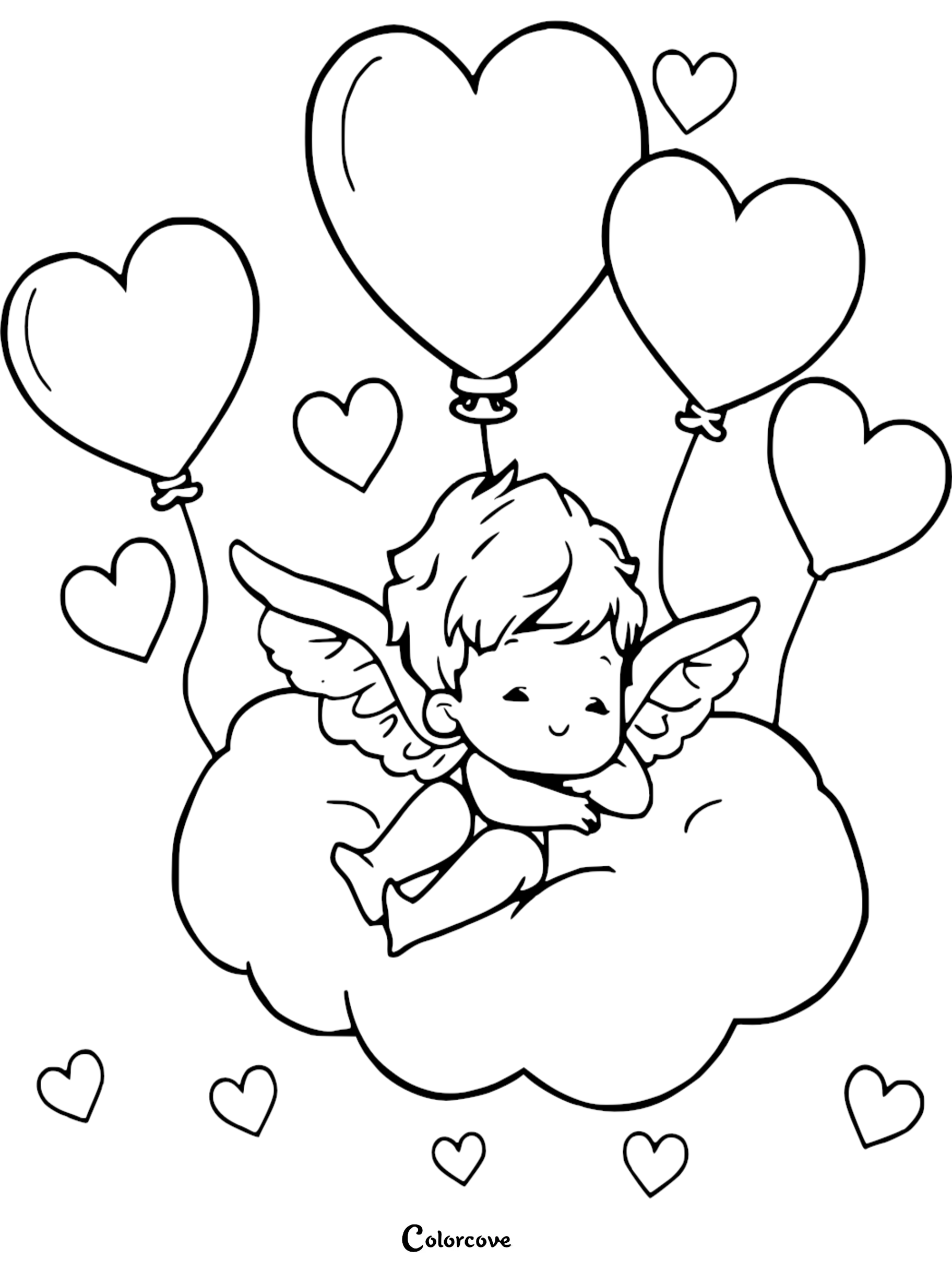 Cute angel with heart balloons coloring page for kids. Perfect for Valentine's Day or a fun artistic activity.