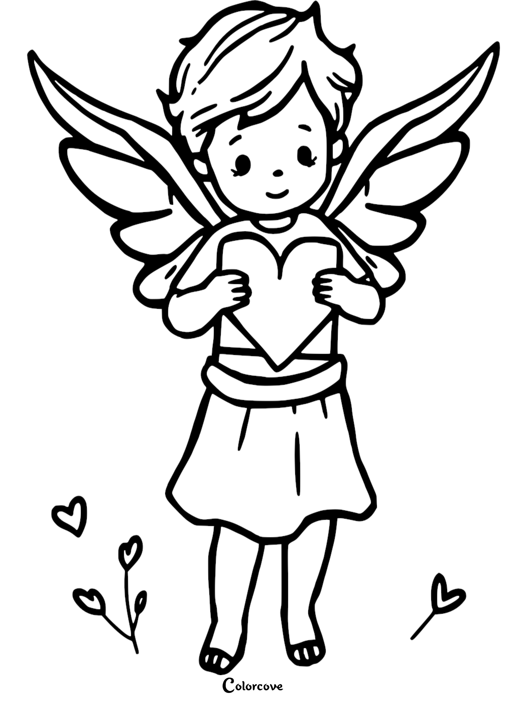 Angel with heart coloring page for kids, featuring wings and cute design. Perfect for creative coloring activities.