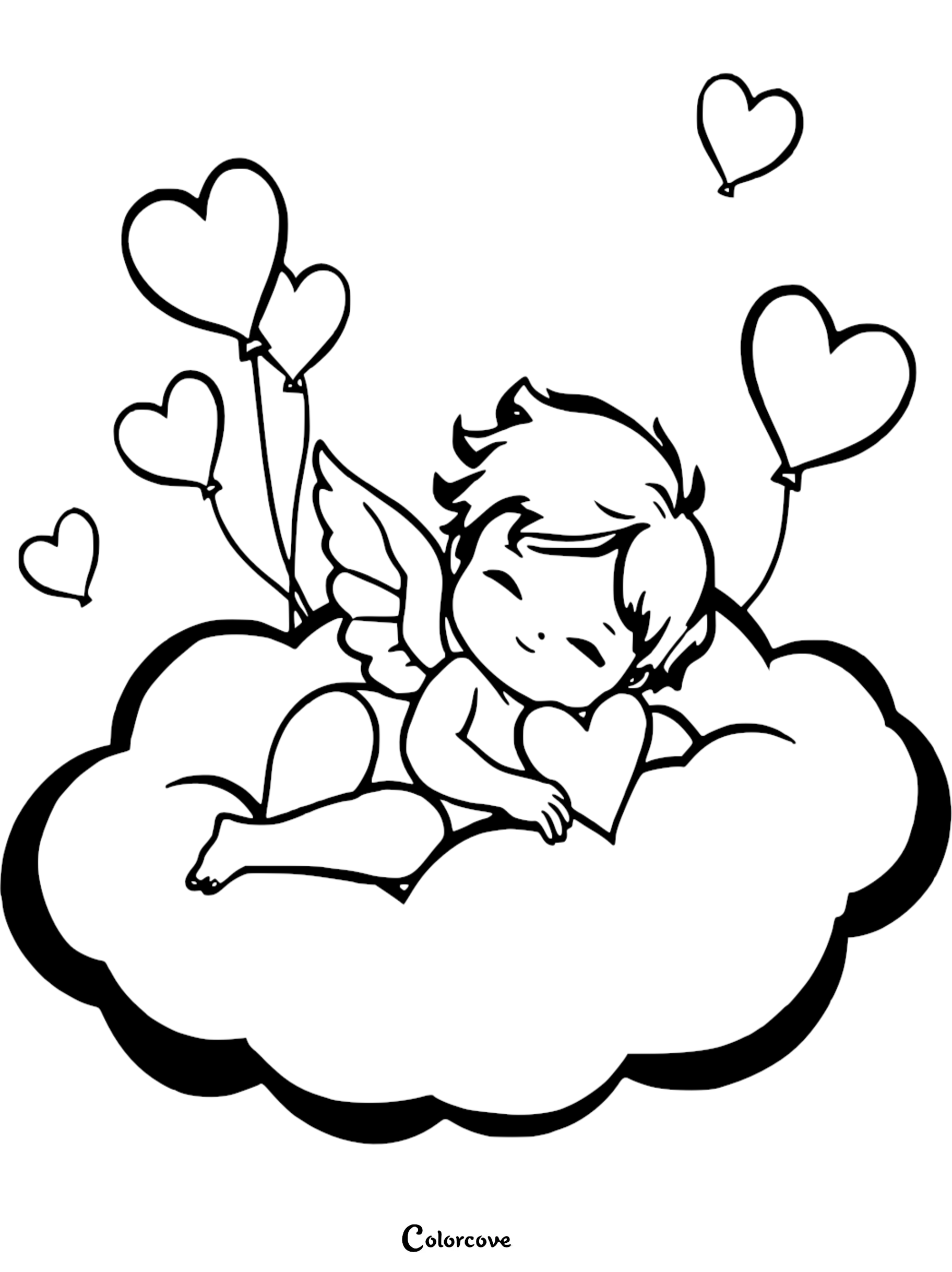 Cute cherub on cloud with heart balloons coloring page.