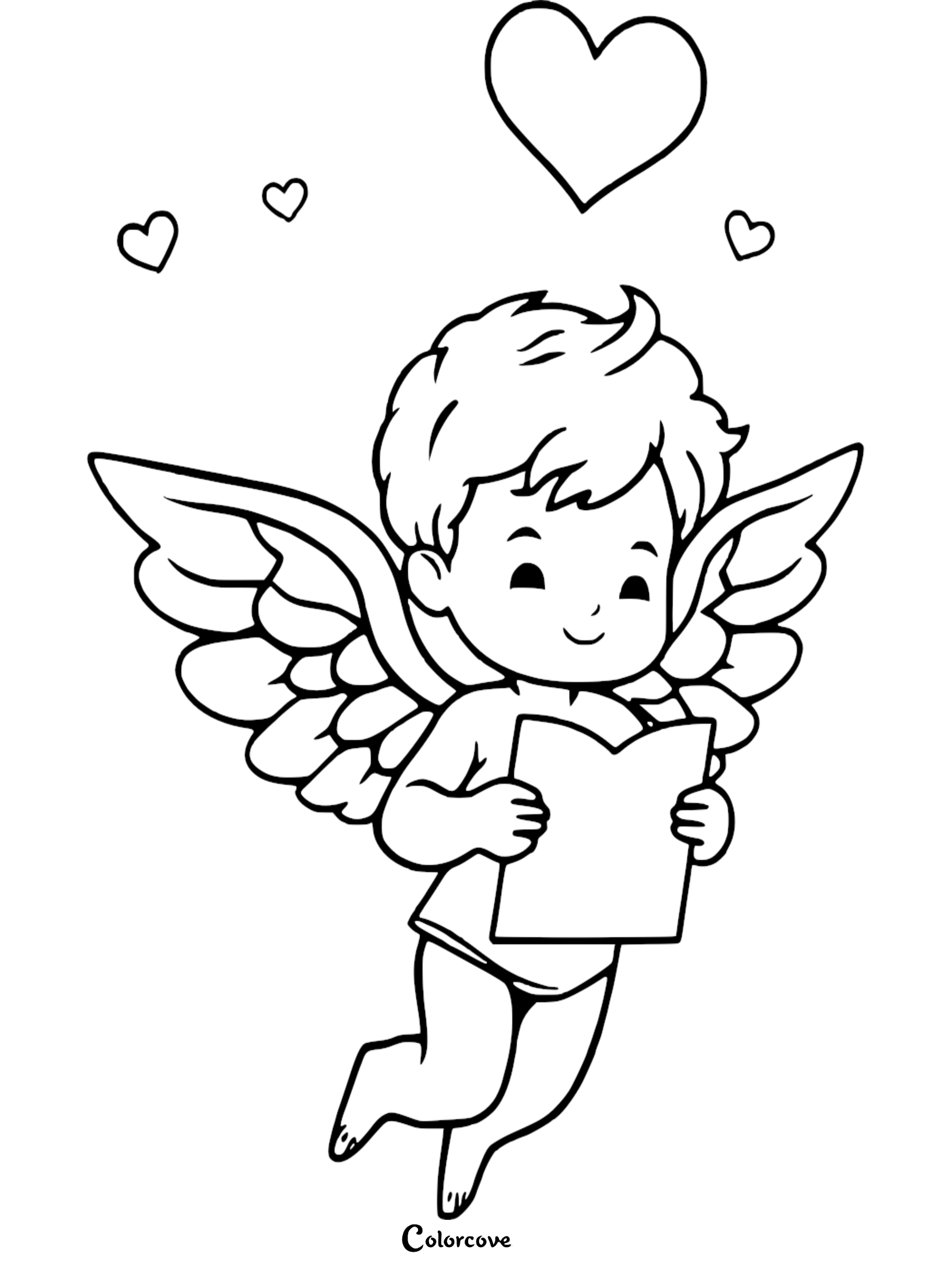 Cute cherub angel with wings holding a book, surrounded by hearts. Perfect for kids' coloring page.