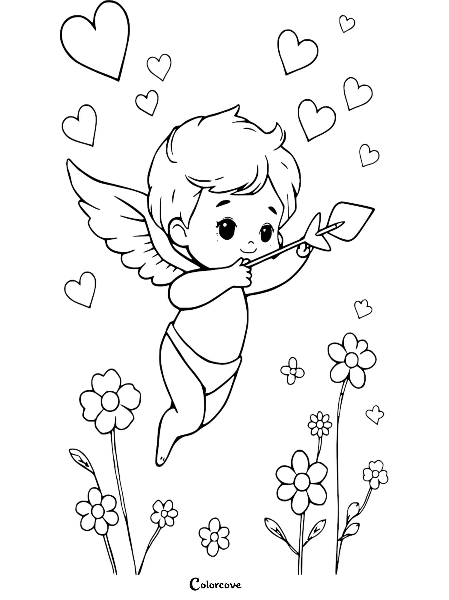 Cute Cupid coloring page with flowers and hearts, perfect for kids' art activities and Valentine's Day fun.