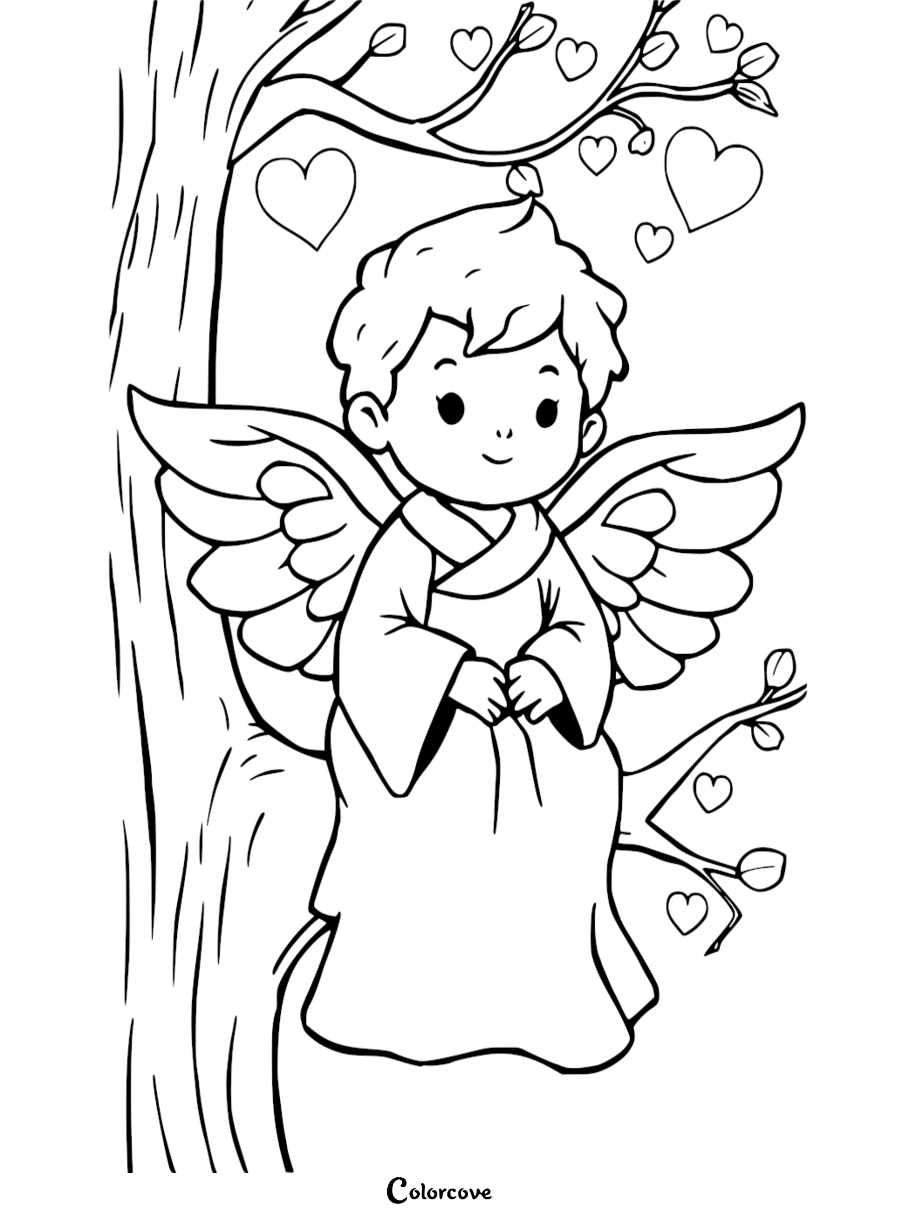Cute angel sitting on tree branch coloring page with hearts and wings.