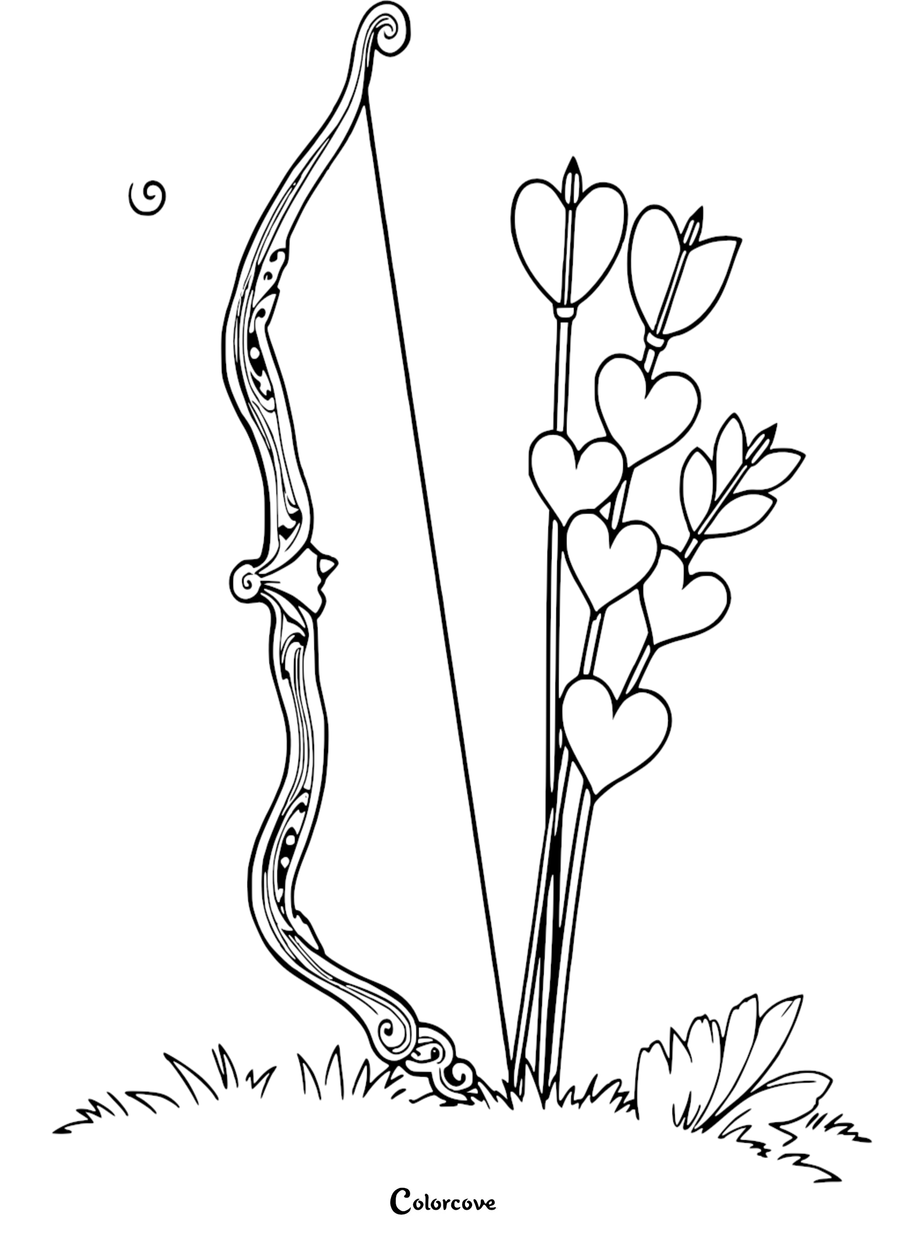 Heart-themed bow and arrows coloring page for Valentine's Day creativity and relaxation.