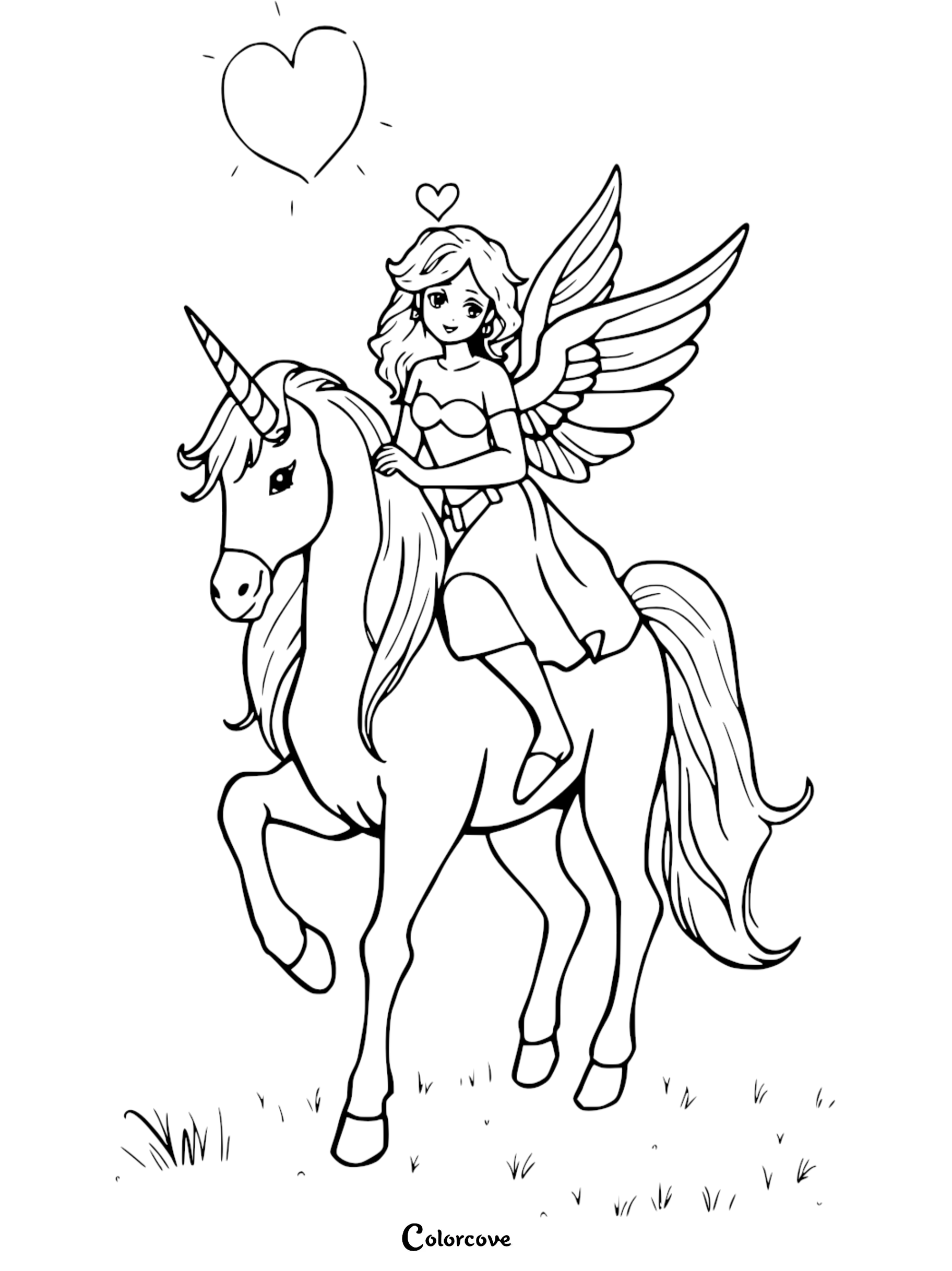 Fairy with wings riding a unicorn, surrounded by hearts. Printable coloring page.