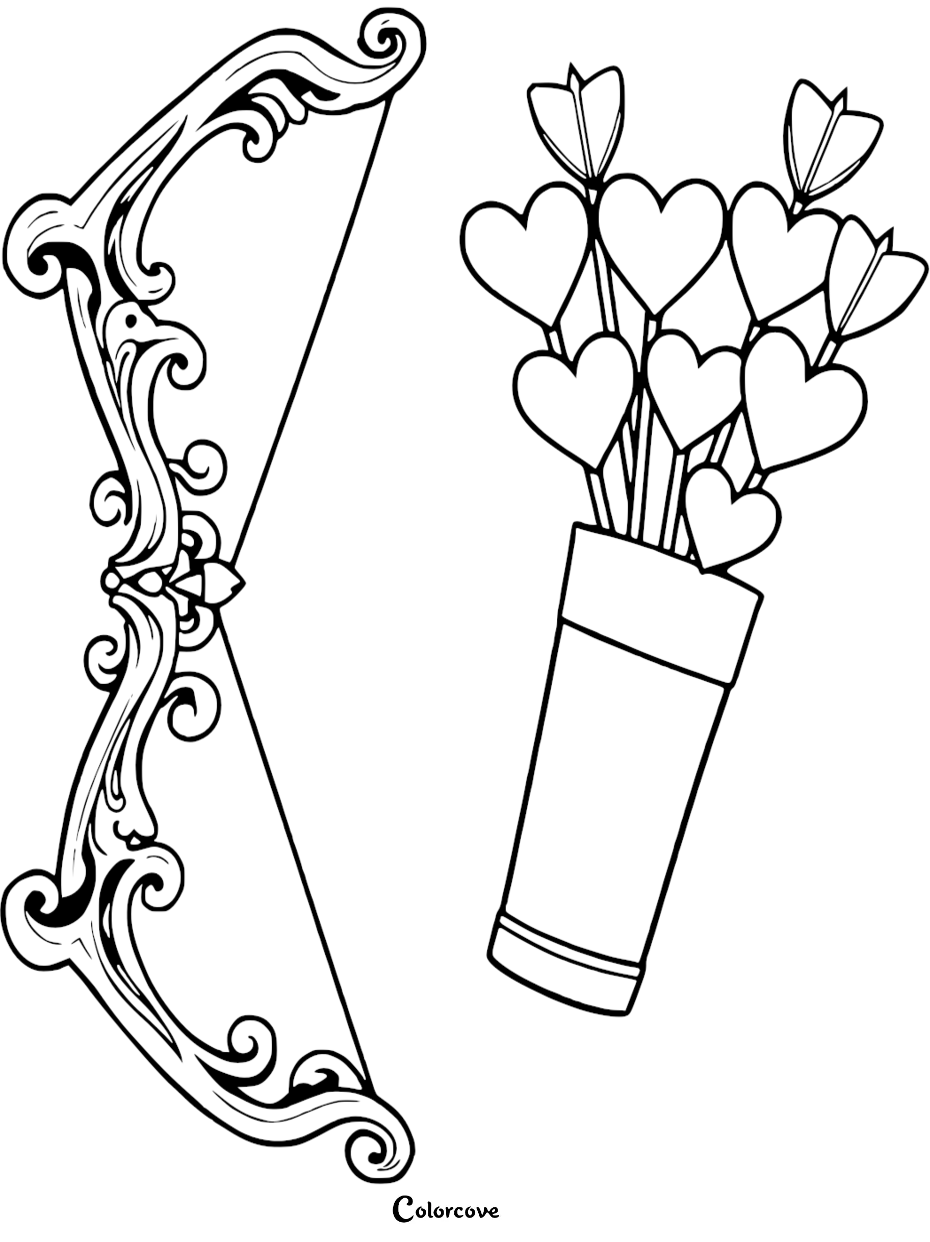 Heart-themed coloring page with an ornate bow and heart arrows. Perfect for Valentine's art projects.