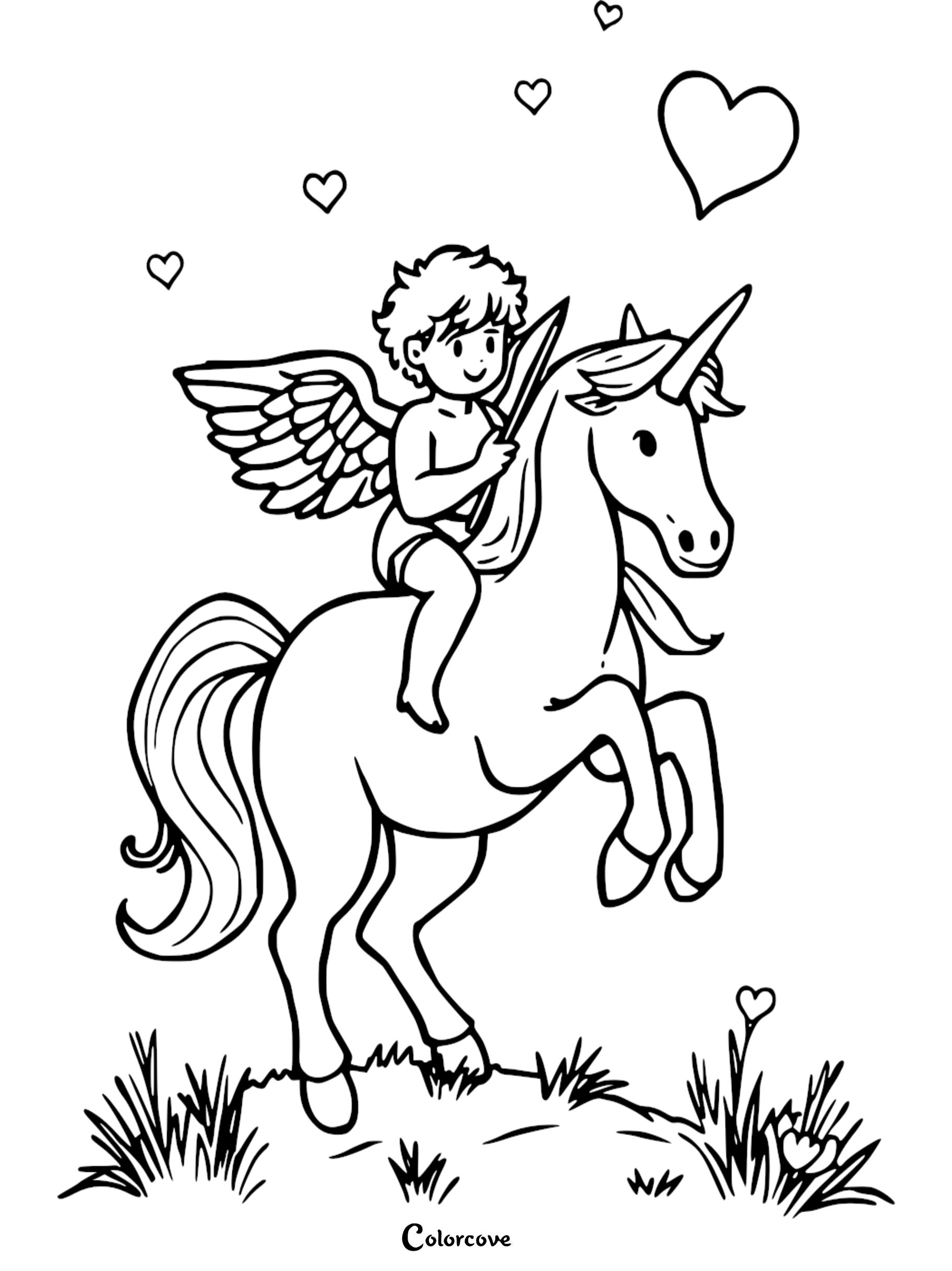 Angel on a unicorn coloring page with hearts and grassy background, ideal for kids and fantasy art lovers.