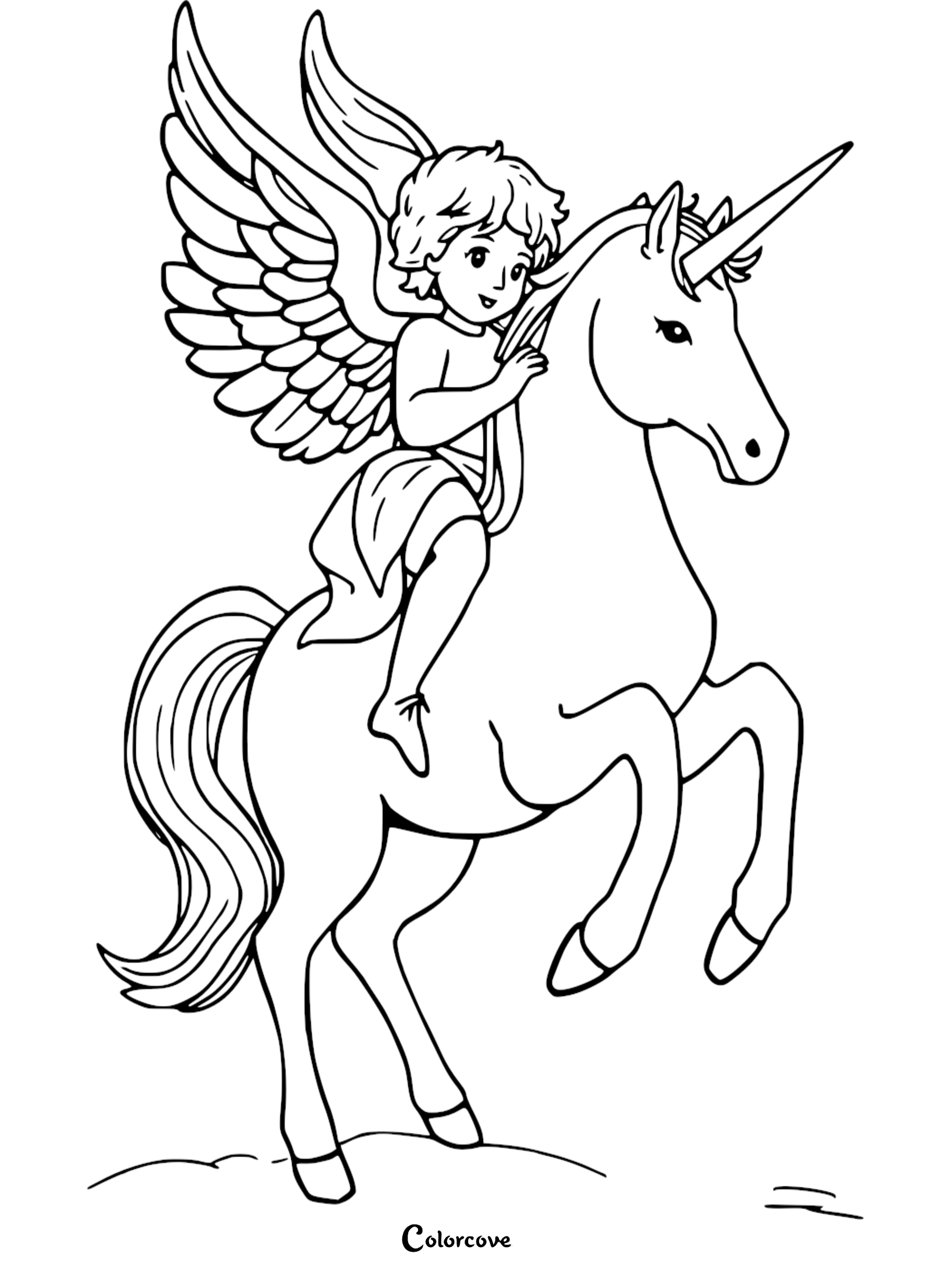 Angel riding a unicorn coloring page, perfect for kids. Detailed fantasy art with wings and mythical creature.