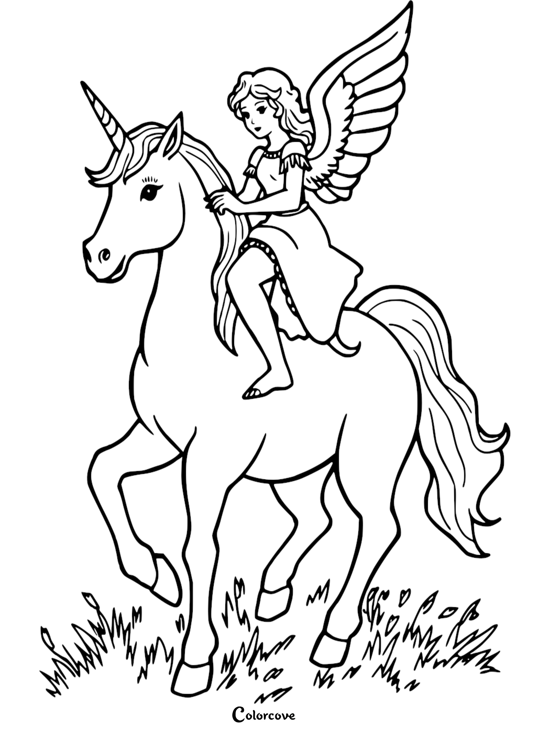 Angel riding a majestic unicorn coloring page - perfect for kids and fantasy art enthusiasts.