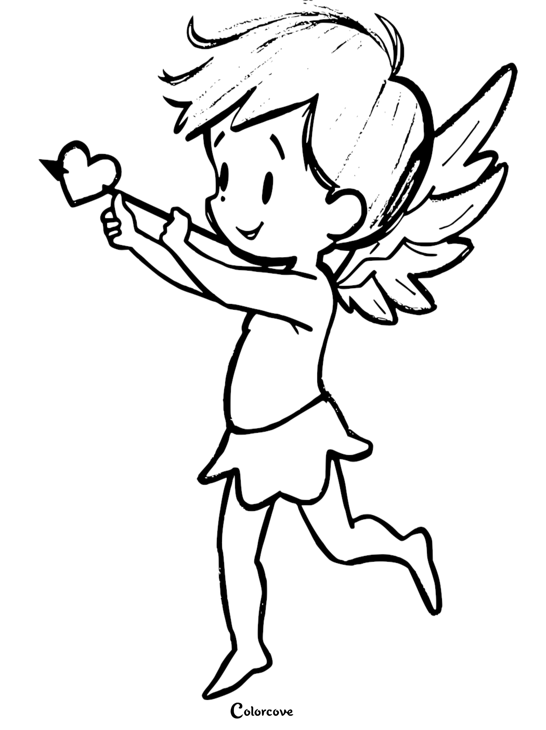 Cute cupid coloring page with heart arrow and wings, perfect for kids' Valentine's Day activities.