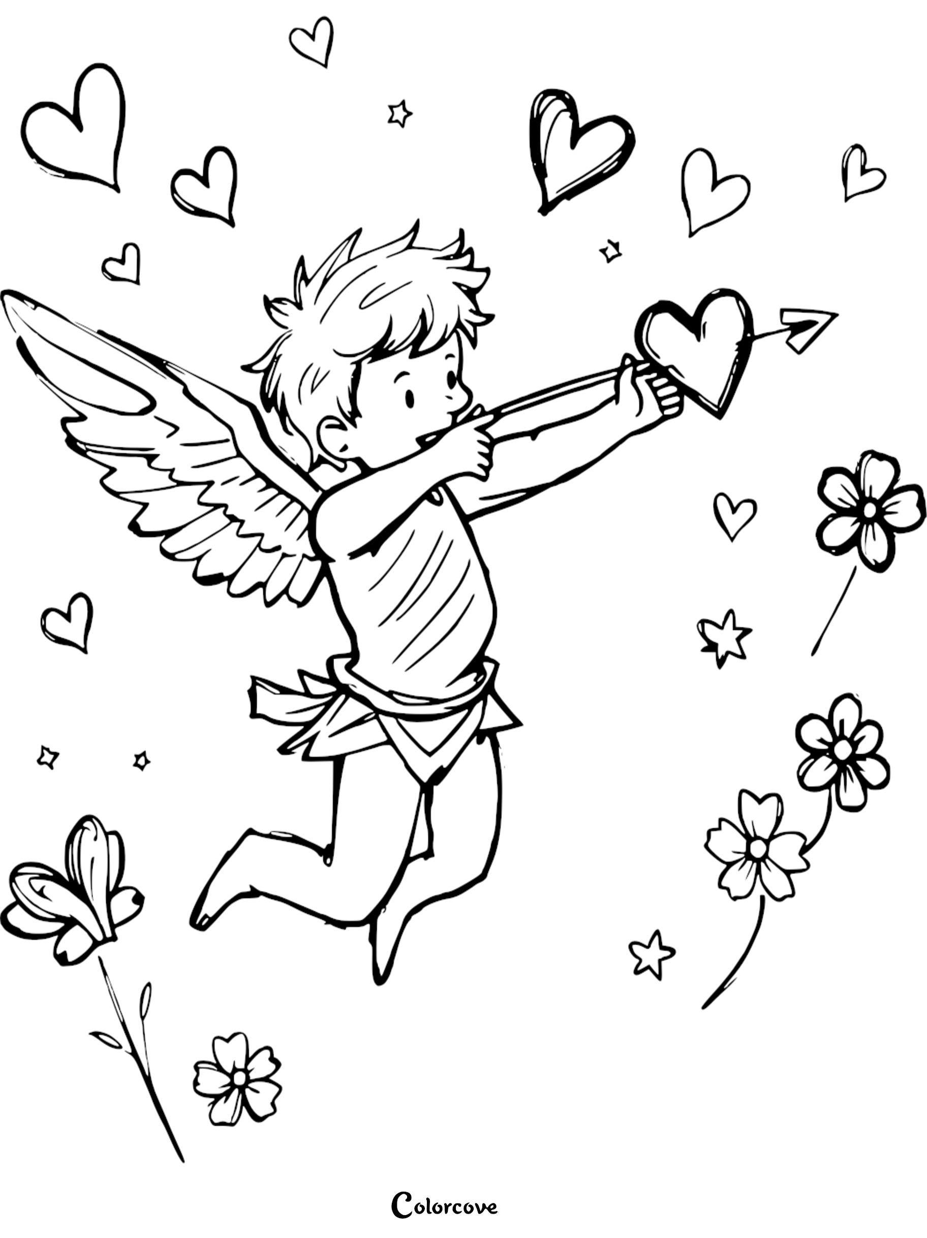 Cupid coloring page with bow and heart arrow, surrounded by hearts and flowers. Perfect for kids' art activities.