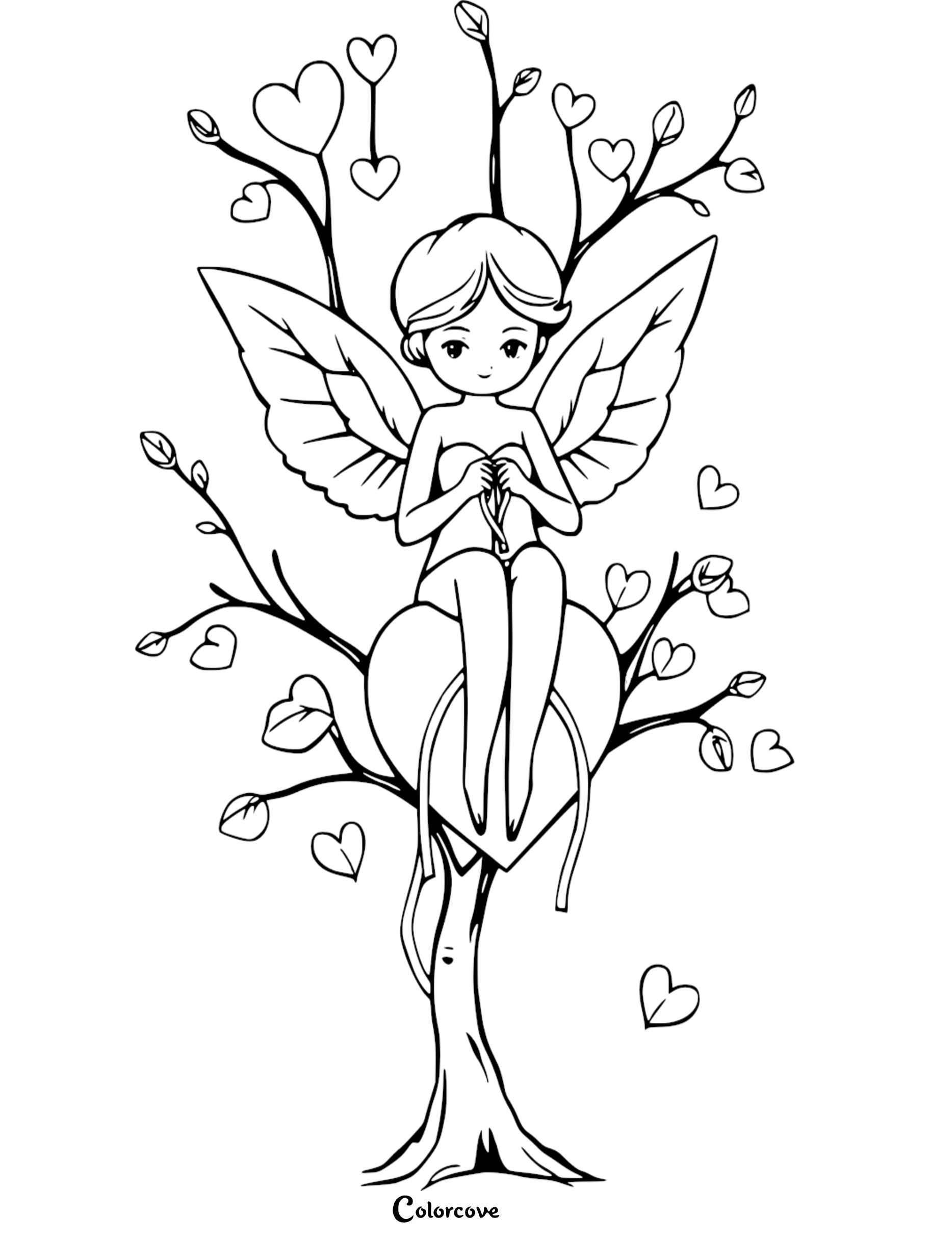 Fairy sitting on heart-shaped tree branch, surrounded by heart-shaped leaves, coloring page.