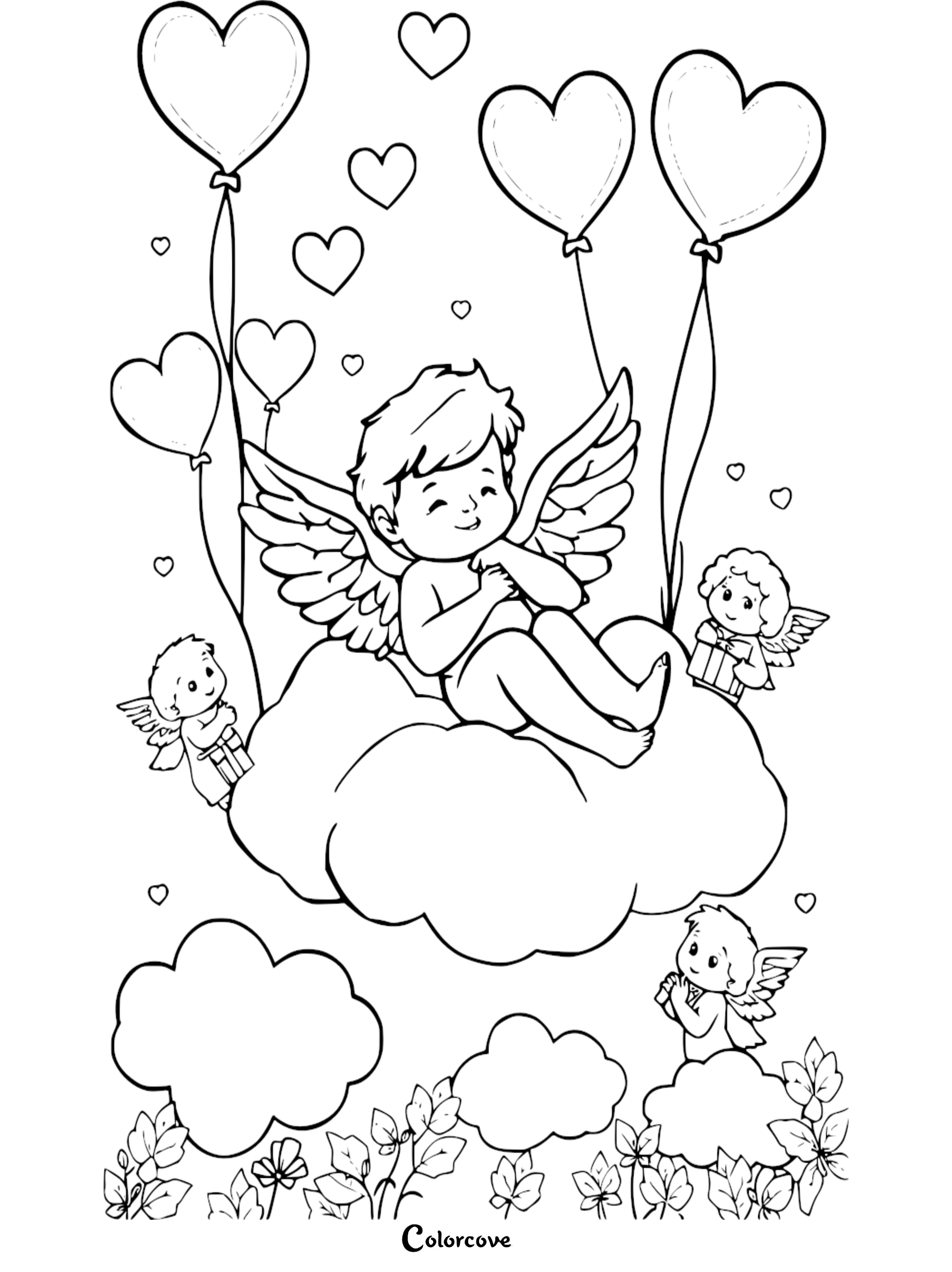 Angel on cloud with heart balloons and cherubs, kids' coloring page. Perfect for Valentine's Day fun.