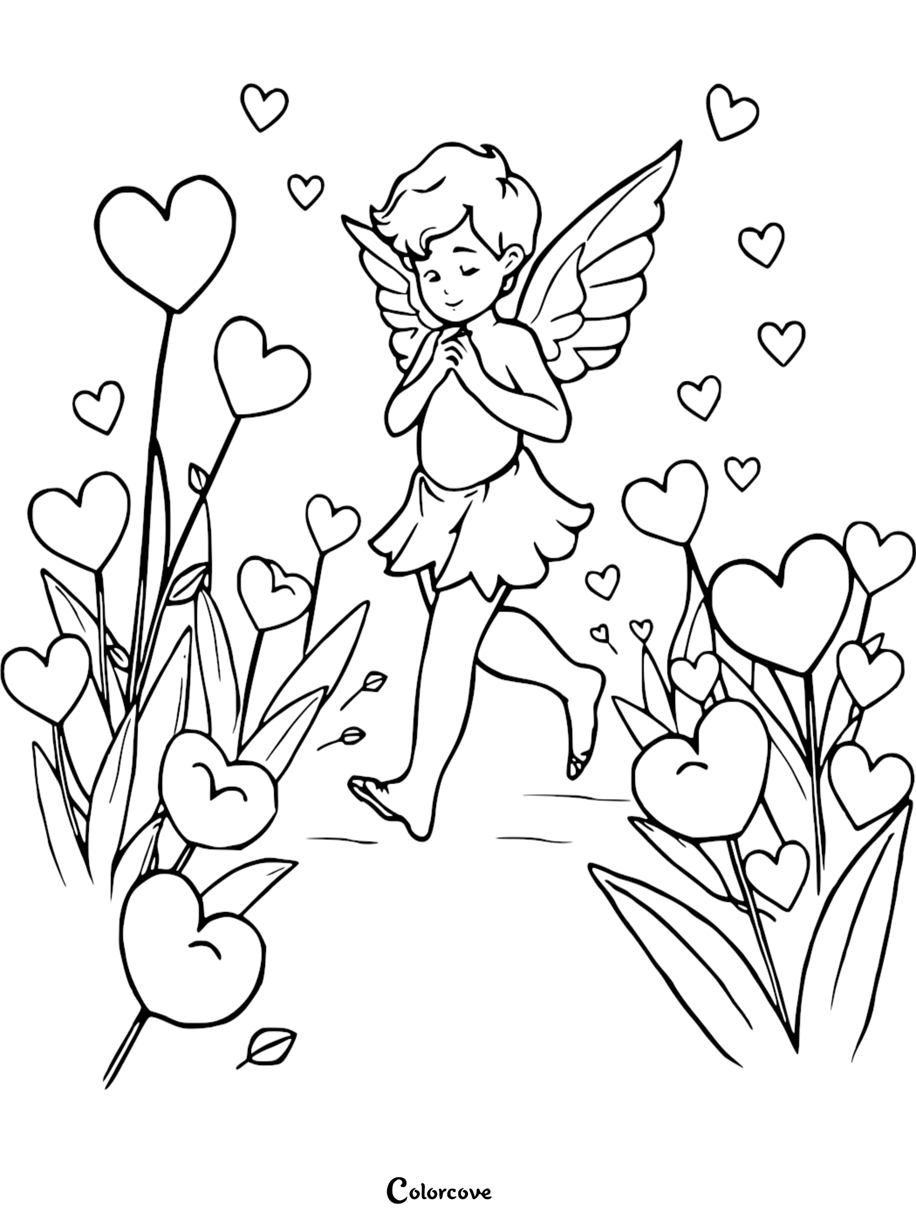 Fairy with wings in heart-themed garden coloring page, perfect for kids and adults.