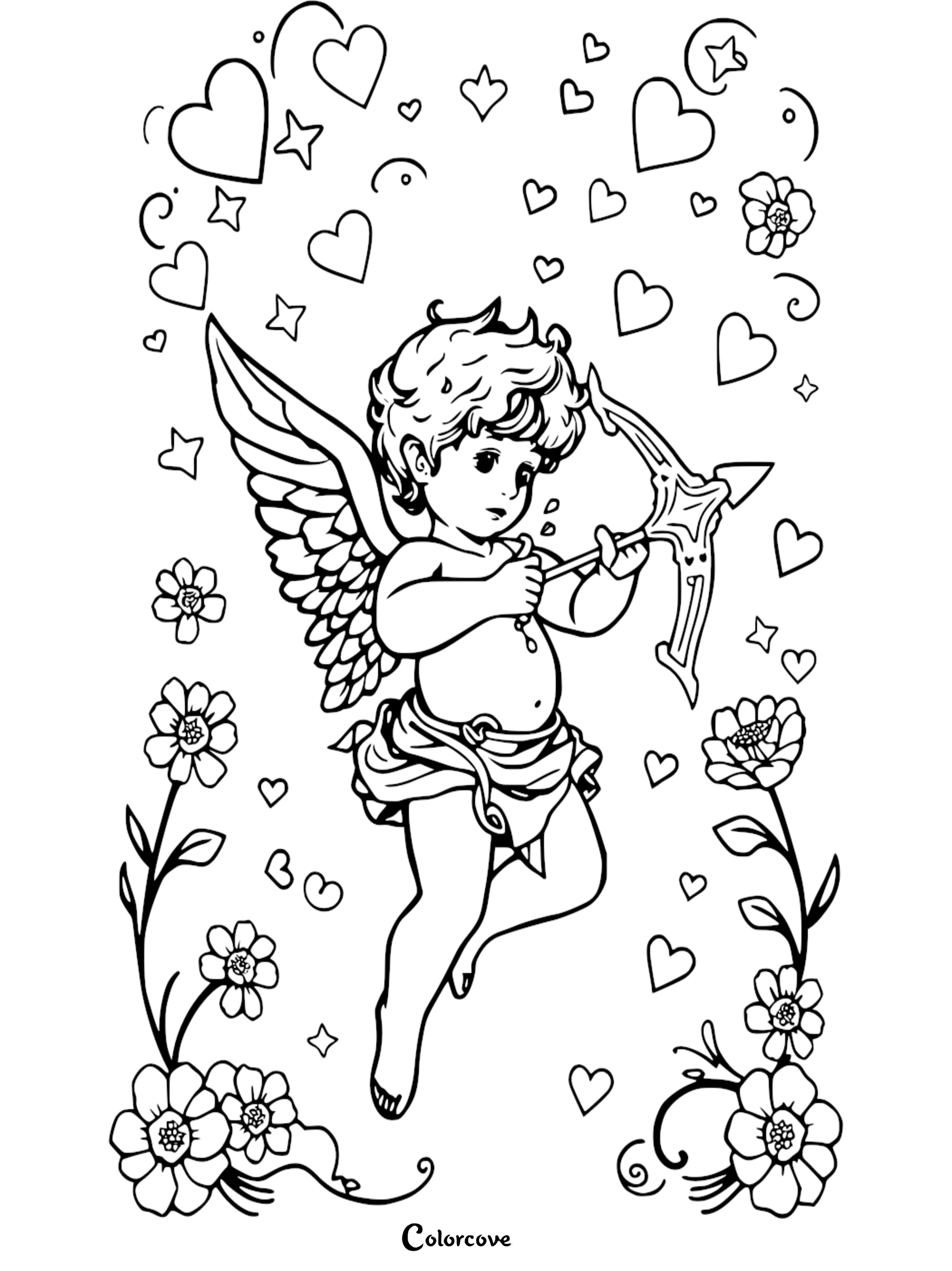 Cupid with bow and arrow surrounded by hearts and flowers, coloring page for Valentine's Day fun and creativity.
