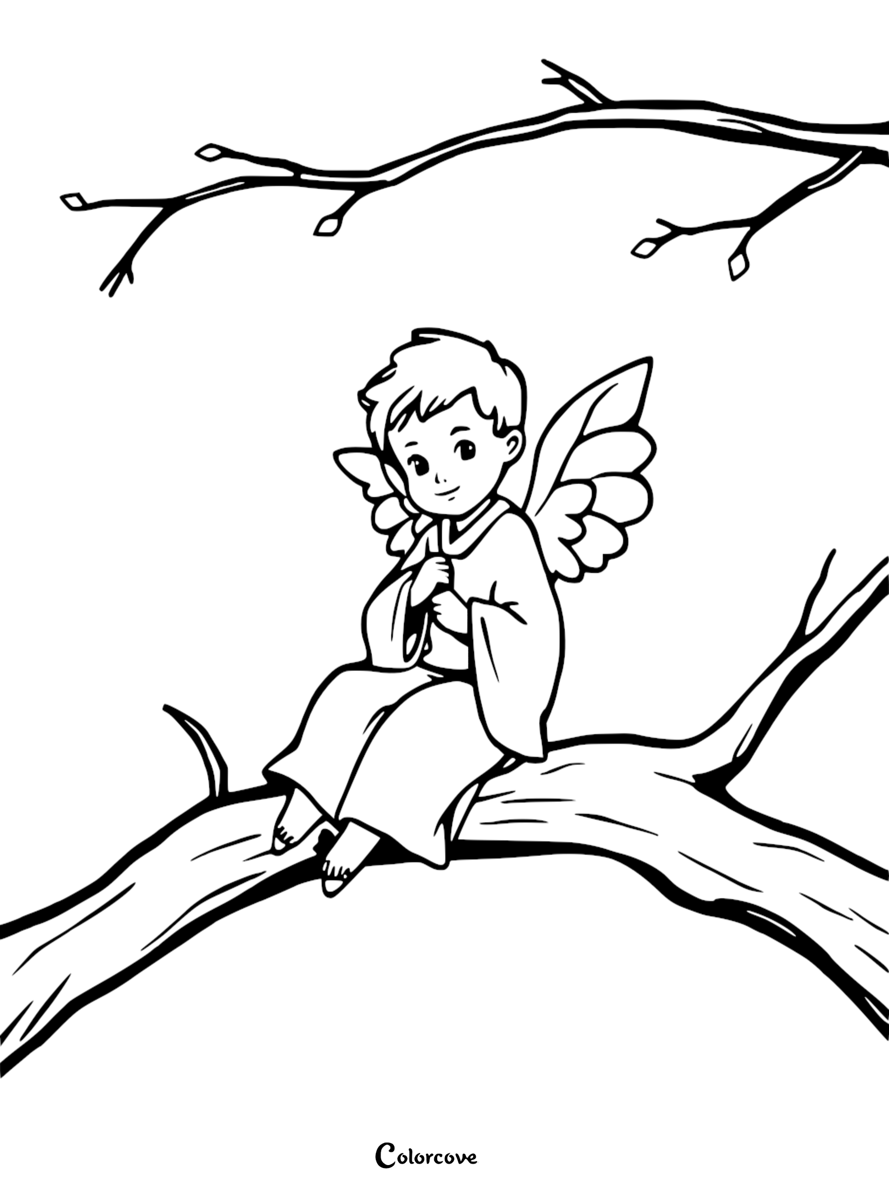 Coloring page of a cute angel boy sitting on a tree branch, ready for creative coloring fun.