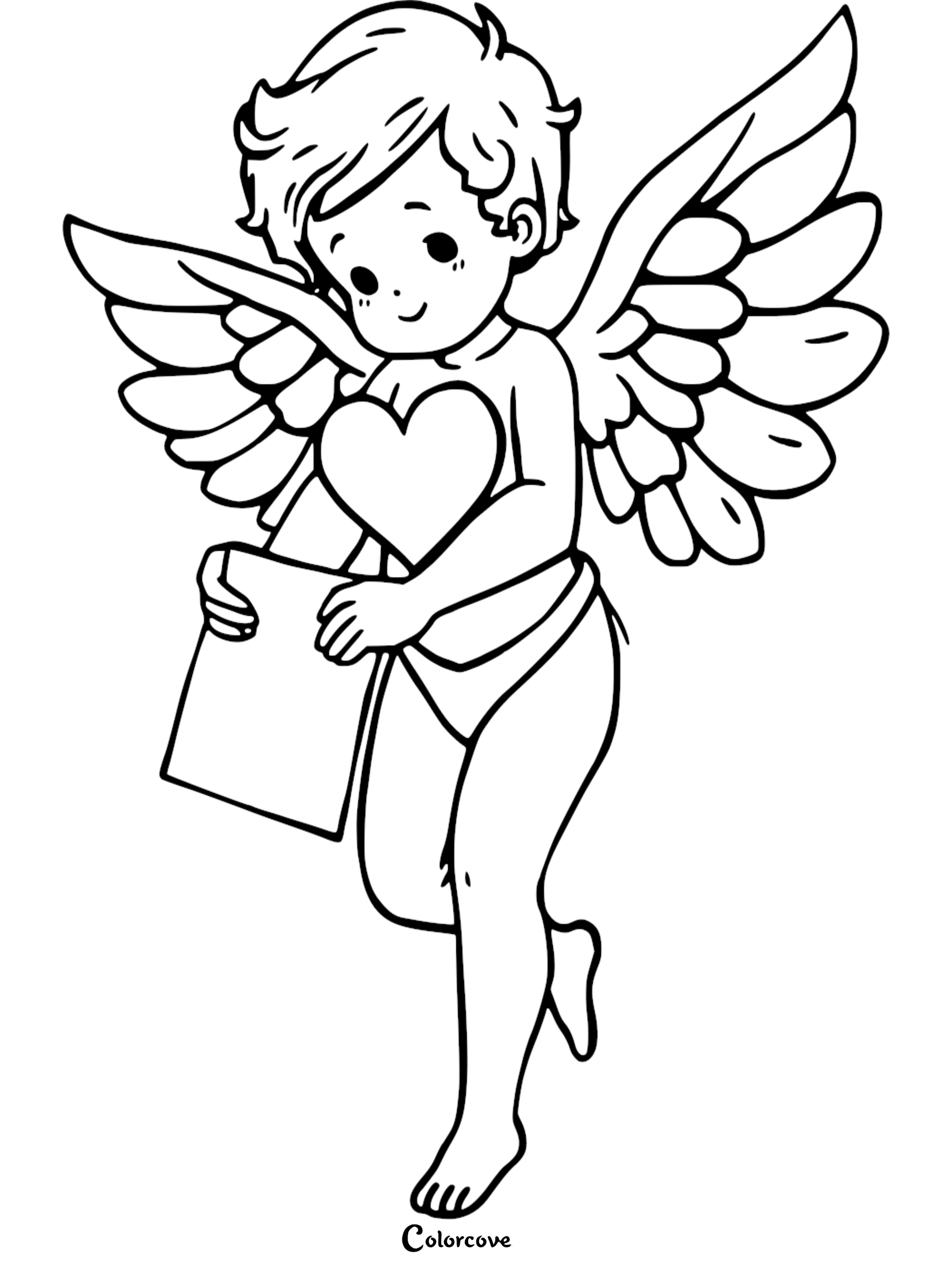Cute angel with wings and a heart, holding a letter. Coloring page for kids.