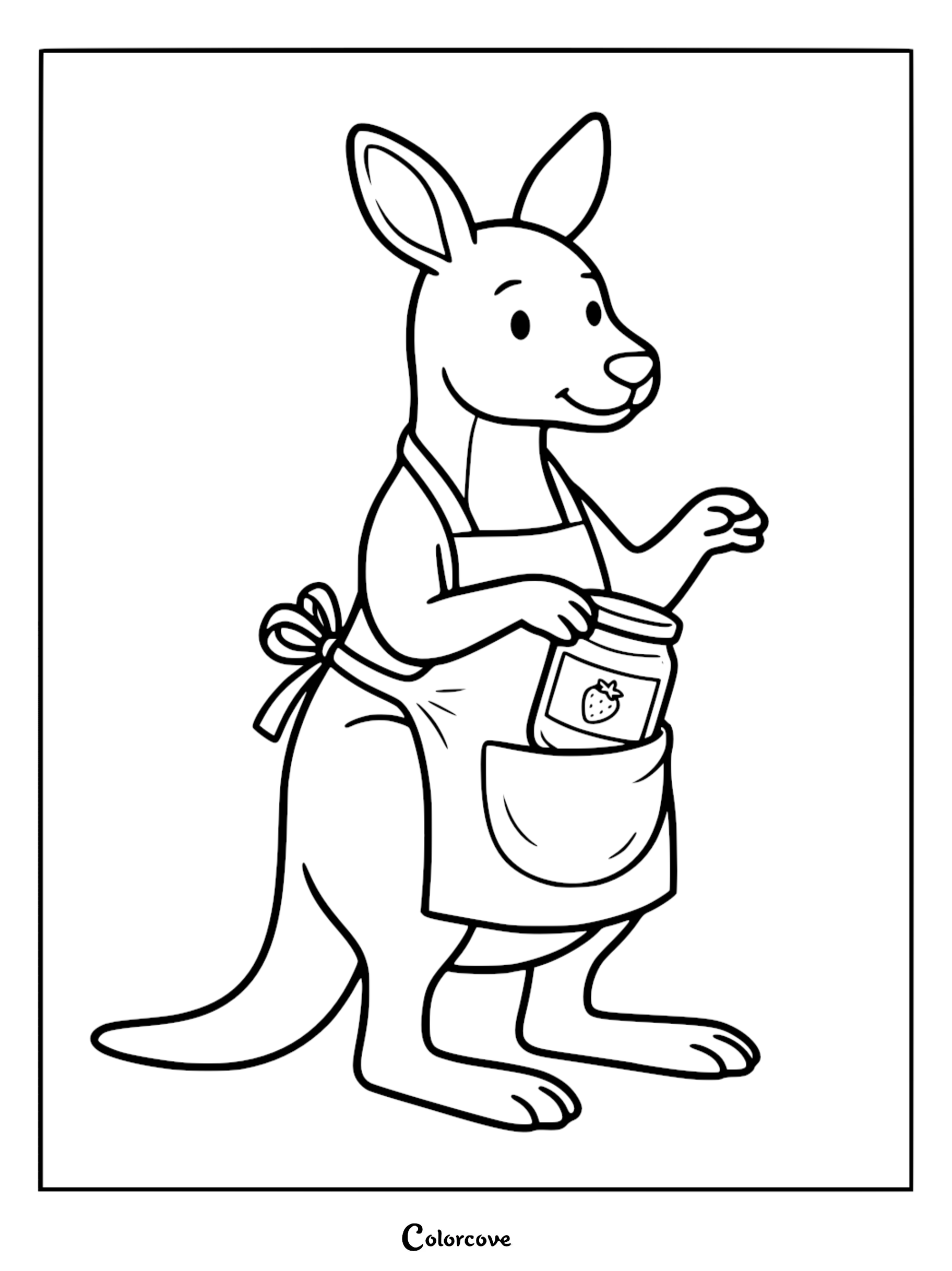A cute kangaroo wearing an apron and holding a jar of strawberry jam for kids to color