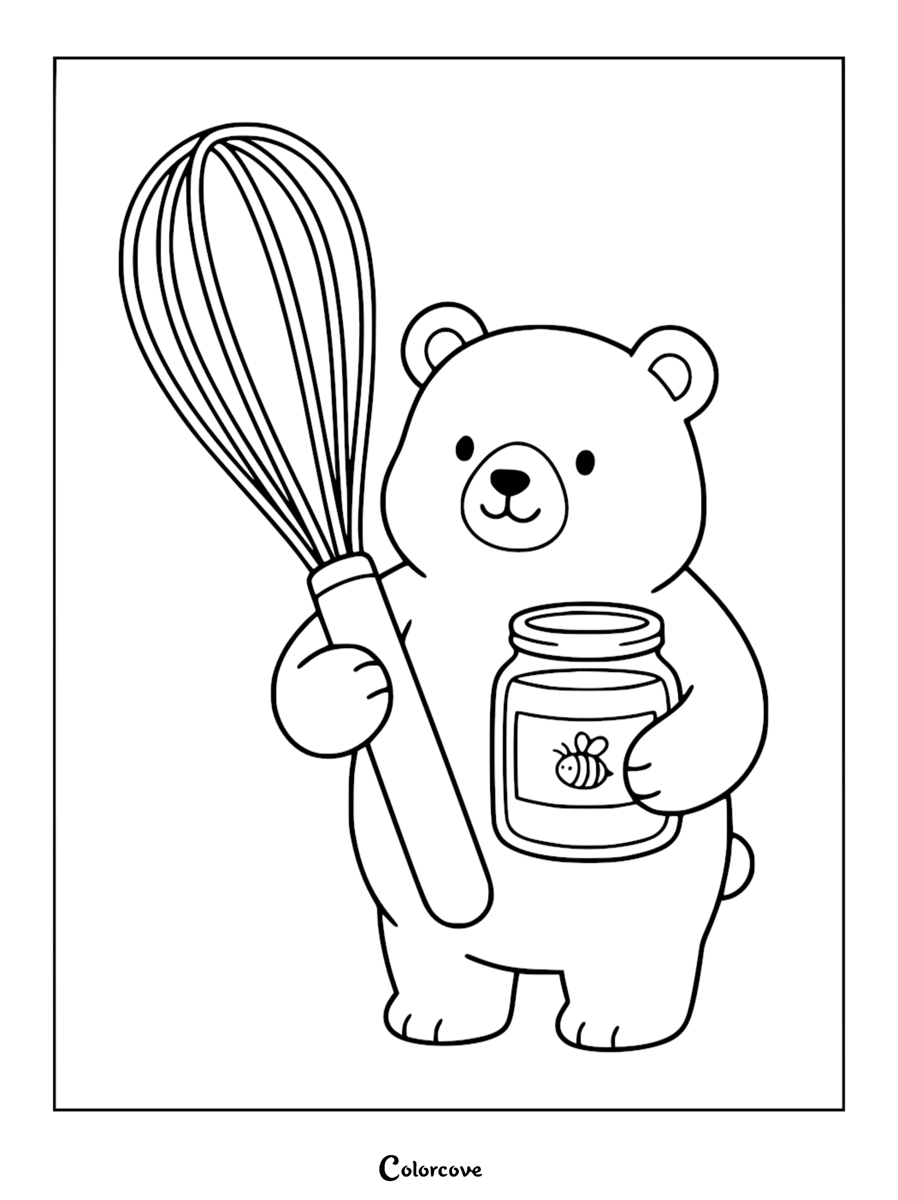 A cute cartoon bear holding a wire whisk and a jar of honey for kids to color.