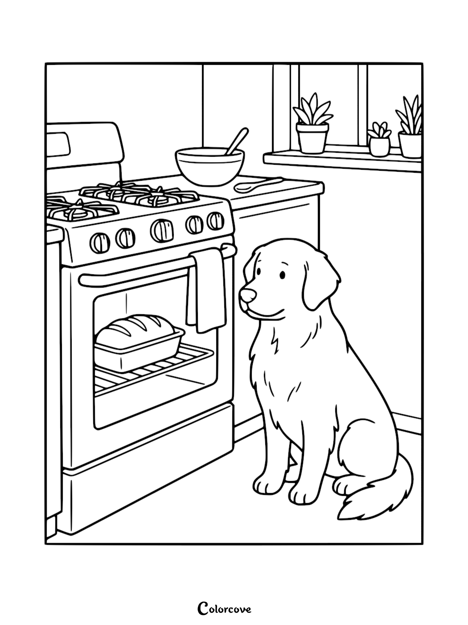 A cute golden retriever dog sitting in the kitchen watching a loaf of bread bake in the oven, printable coloring page for children.