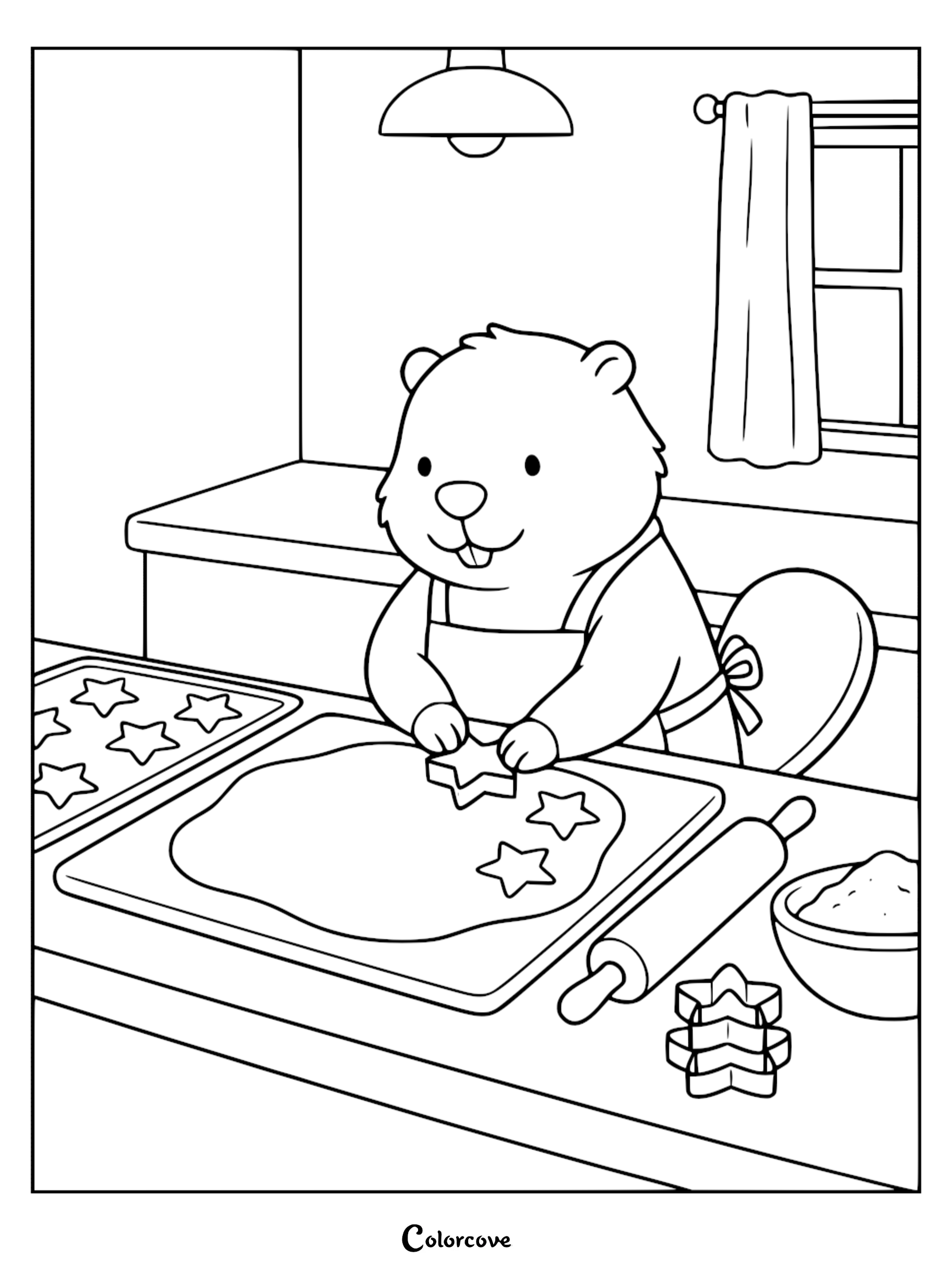 A cute bear wearing an apron and using a star-shaped cookie cutter on dough in a kitchen for a fun printable coloring page.