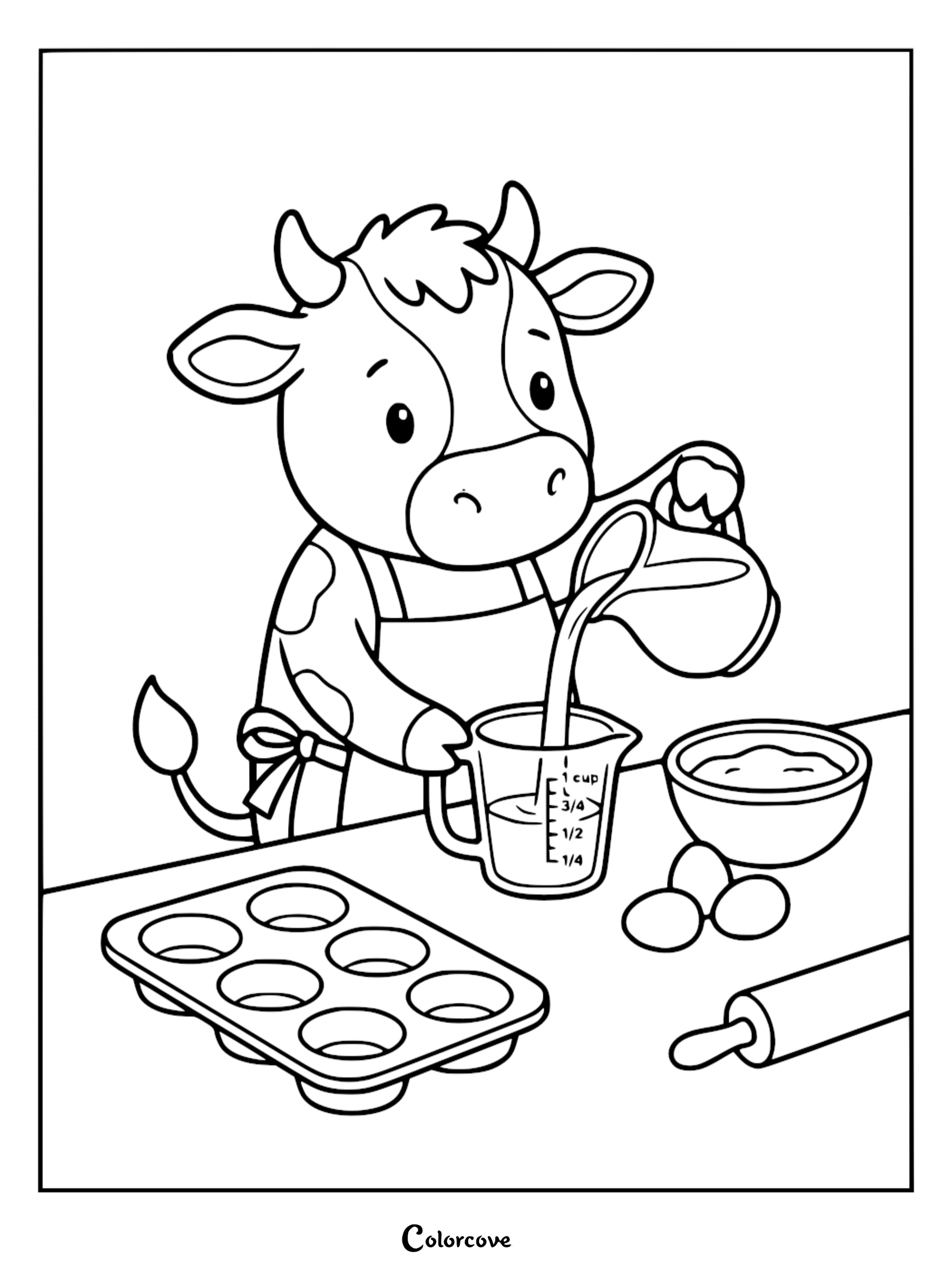 A cute cow wearing an apron baking in the kitchen by pouring milk into a measuring cup, free printable coloring page for children.